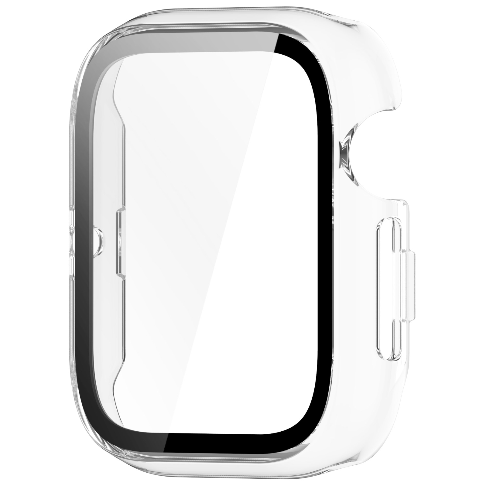 Custodia protettiva trasparente per smartwatch su sfondo bianco.