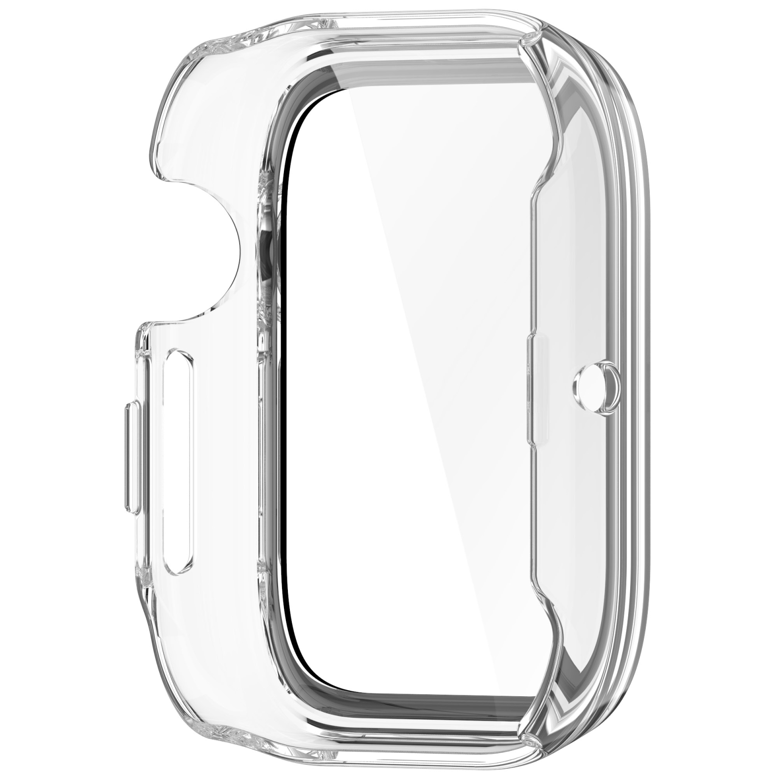 Custodia protettiva trasparente per smartwatch con ritagli precisi per pulsanti e porte.