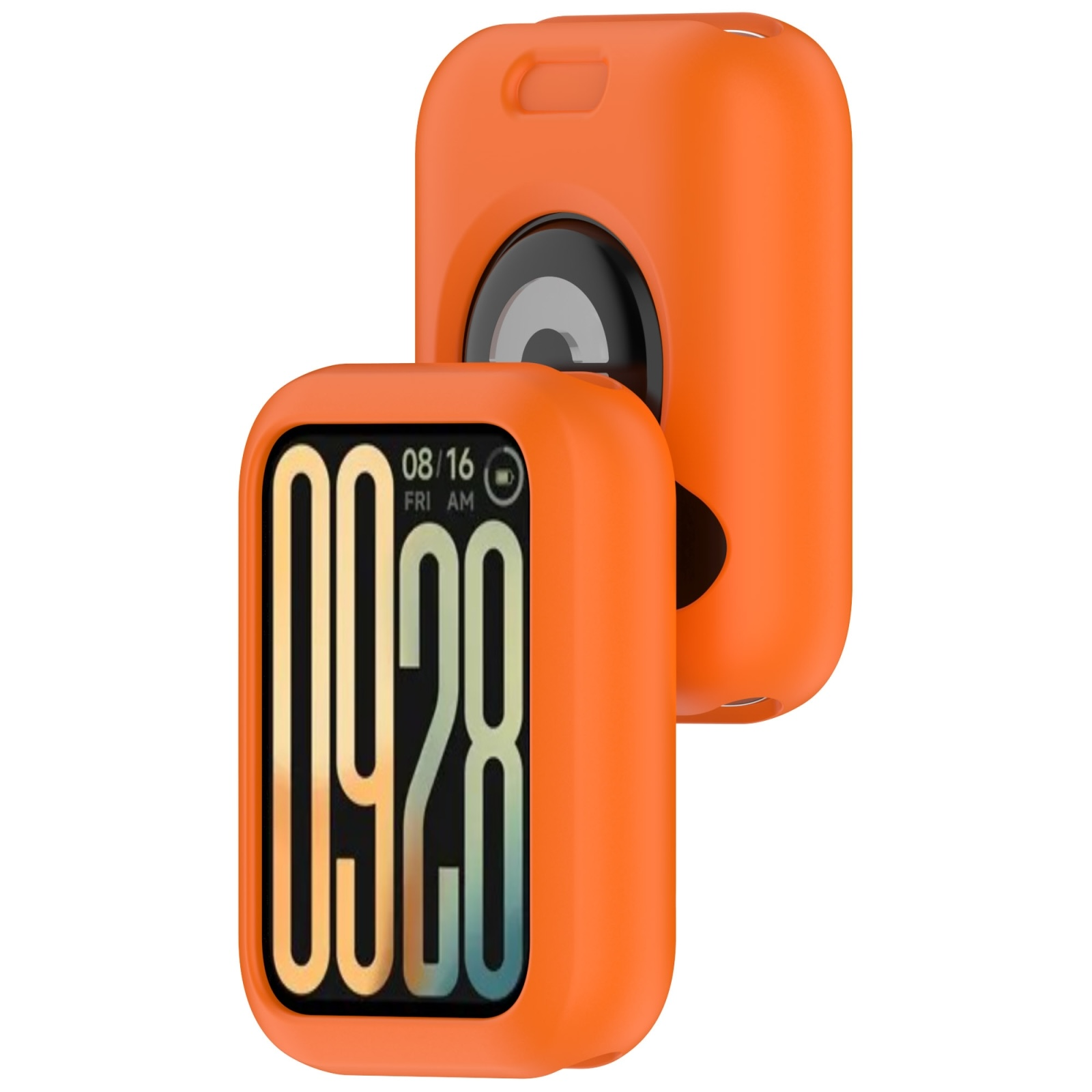 Due custodie in silicone arancione per fitness tracker, una mostra l'ora.