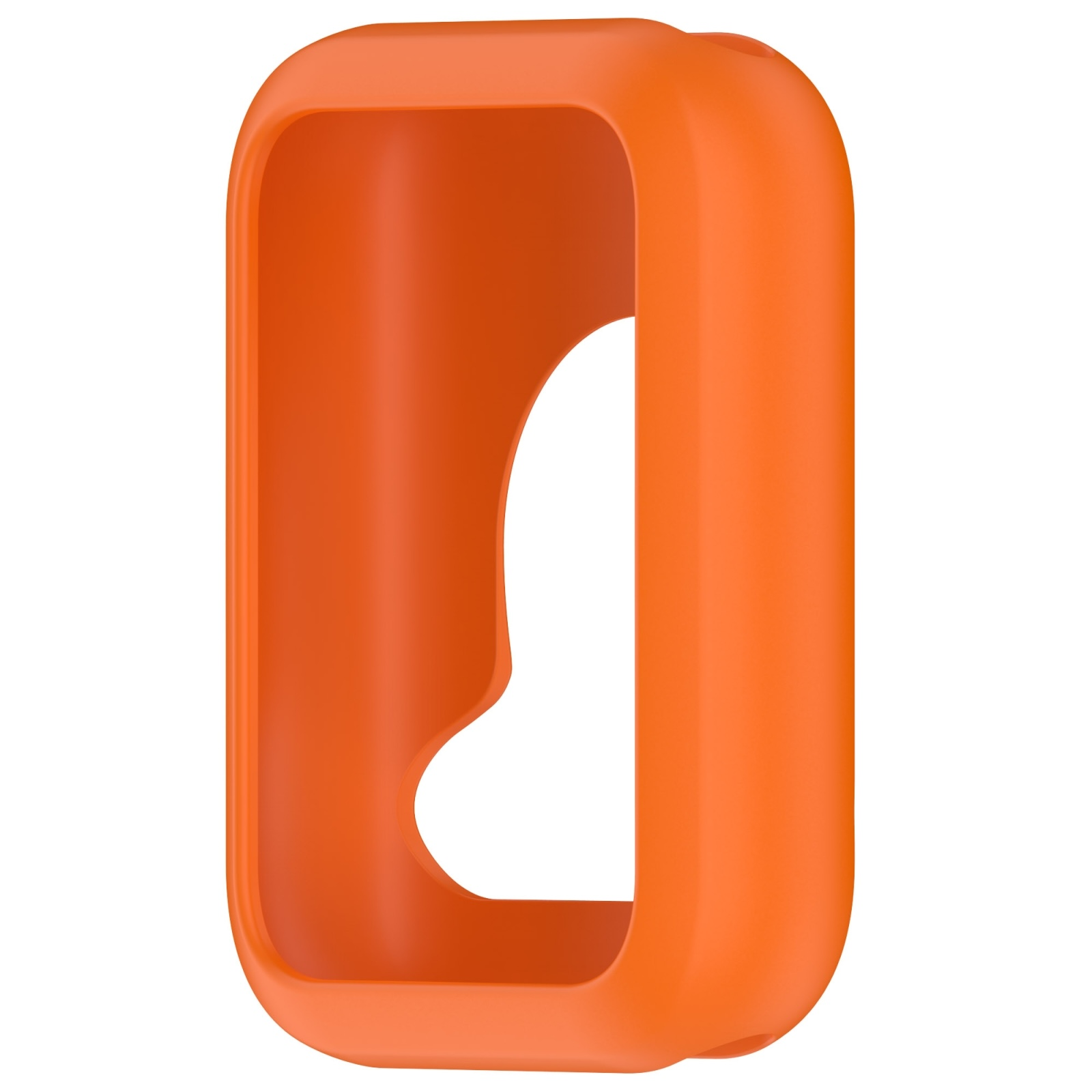 Una custodia protettiva in silicone arancione brillante su sfondo bianco.