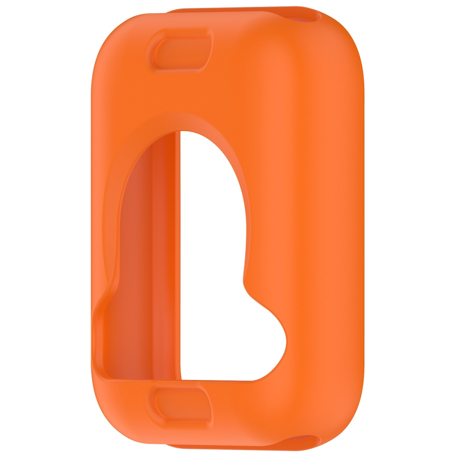 Custodia protettiva in silicone arancione brillante con aperture su sfondo bianco.