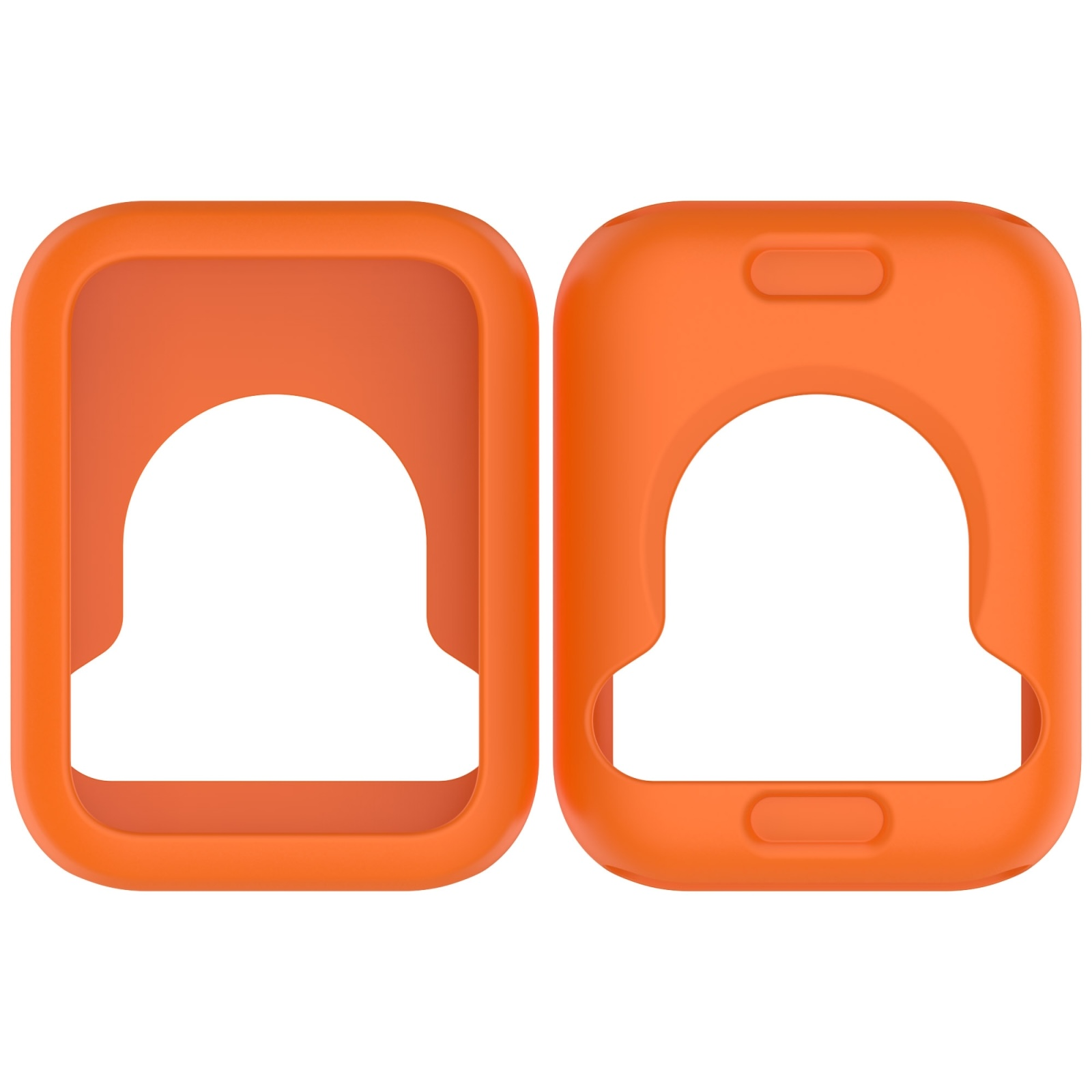Due custodie protettive in silicone arancione per smartwatch su sfondo bianco.