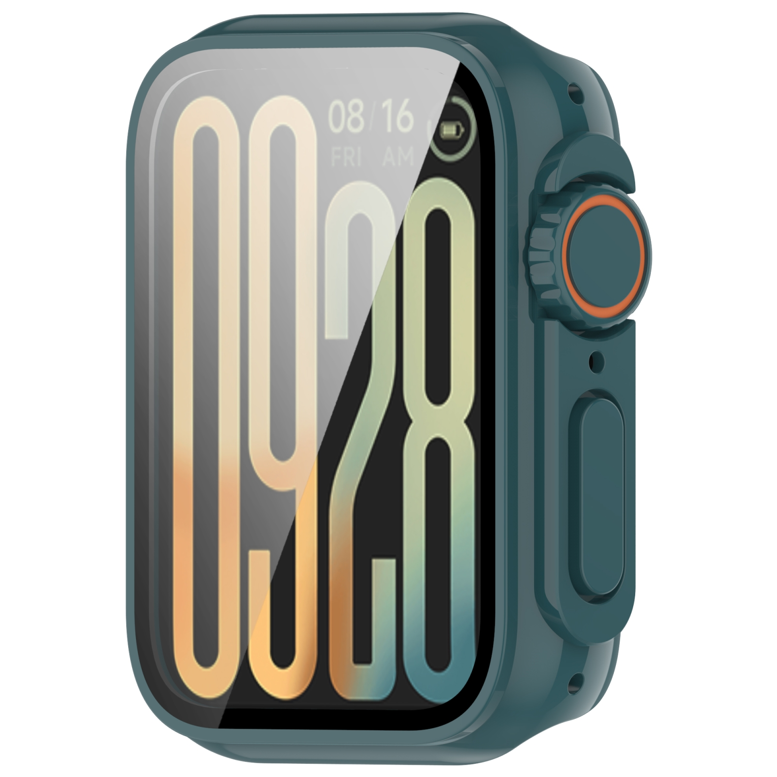 Dunkelgrüne Smartwatch mit orange-akzentuiertem Drehregler und digitaler Zifferblattanzeige.