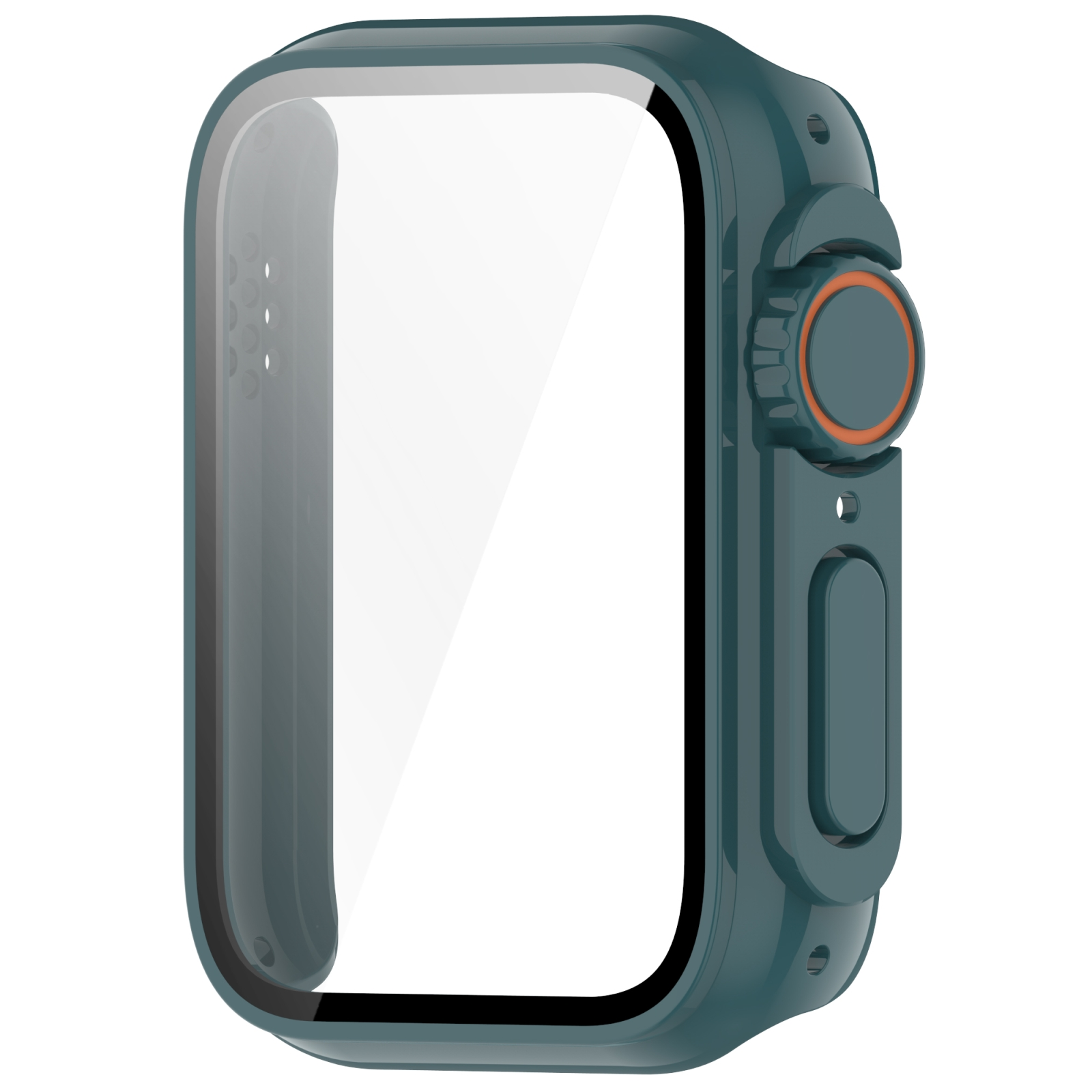 Eine dunkelgrüne Smartwatch-Schutzhülle mit klarem Bildschirm und orangefarbenem Akzent.