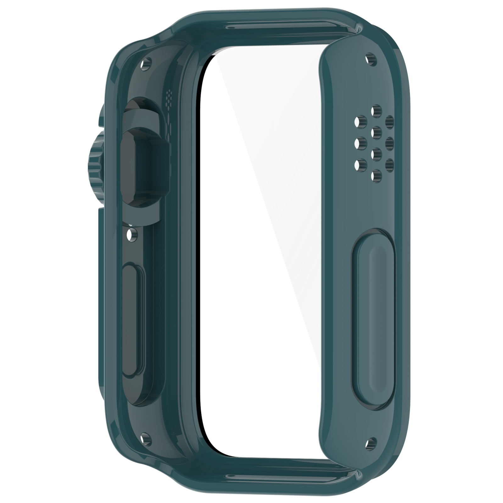 Dunkelgrünes Smartwatch-Gehäuse mit integriertem Displayschutz und Aussparungen für Tasten.