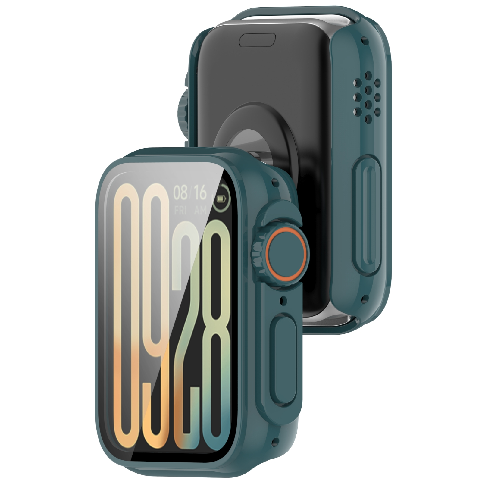 Zwei dunkelgrüne Smartwatch-Hüllen von vorne und hinten auf weißem Hintergrund.