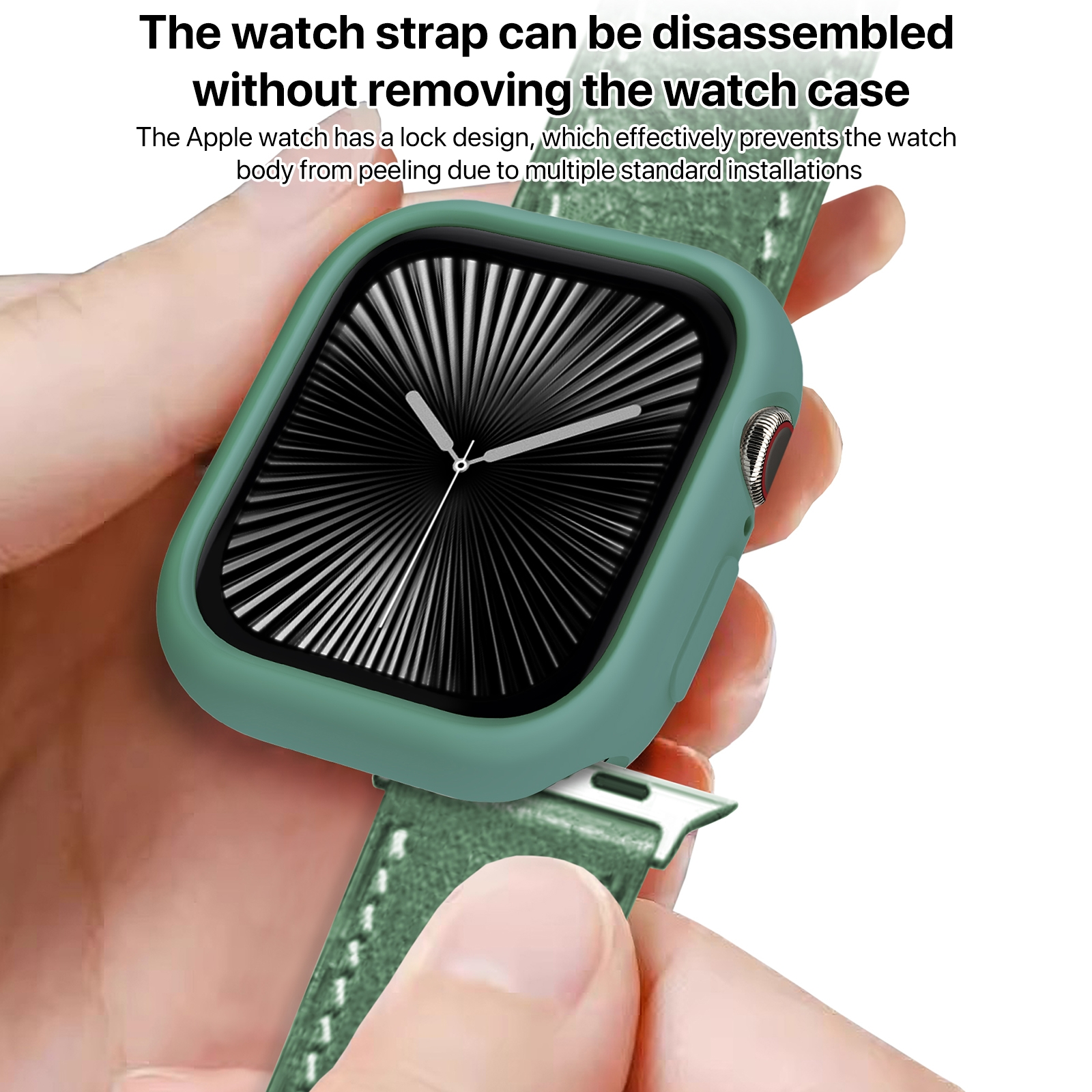Un Apple Watch verde con custodia e cinturino in pelle tenuto in mano, con testo sopra.