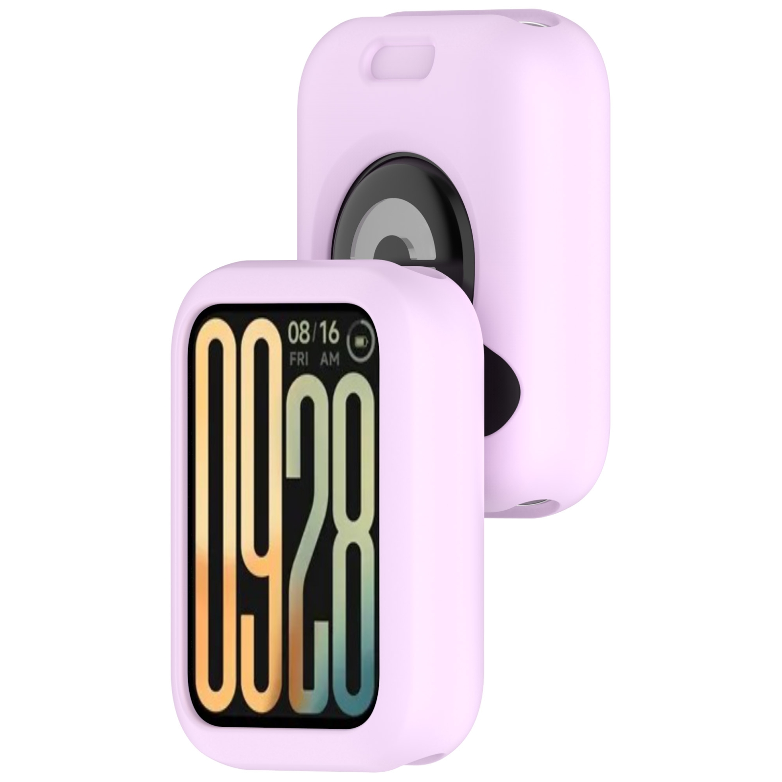 Zwei rosa Schutzhüllen für Fitness-Tracker, eine zeigt den Bildschirm, die andere die Rückseite.