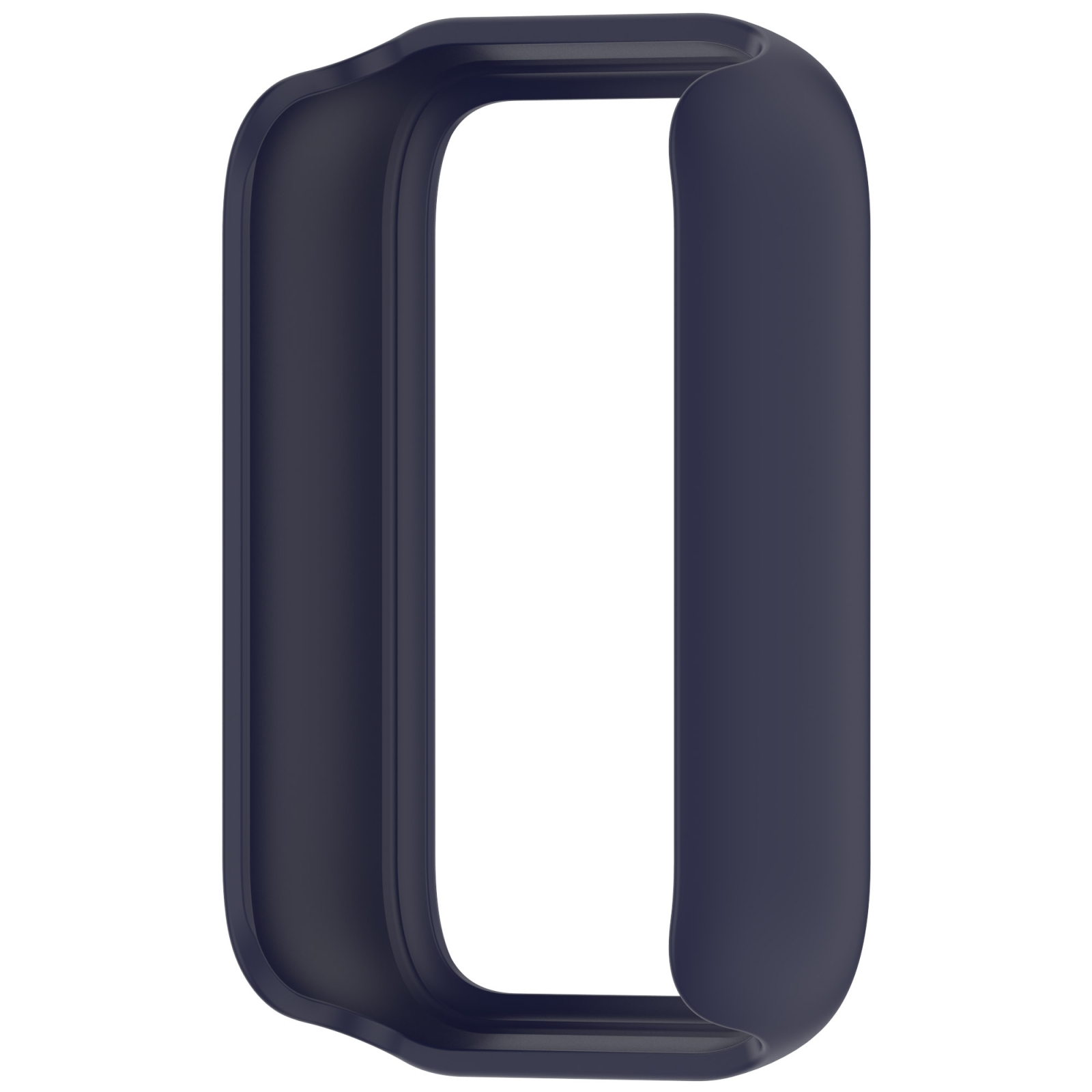 Dunkelblauer Schutzrahmen für eine Smartwatch mit rechteckigem Design auf weißem Hintergrund.