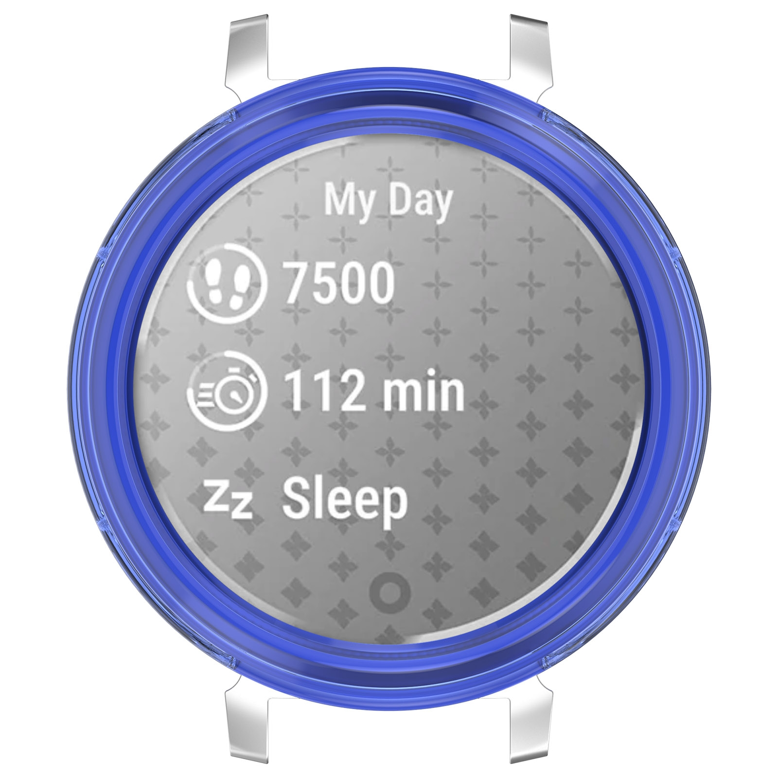 Blaue Smartwatch mit silbernem Gehäuse zeigt Tagesaktivitäten, Schritte und Schlafinformationen auf dem Display.