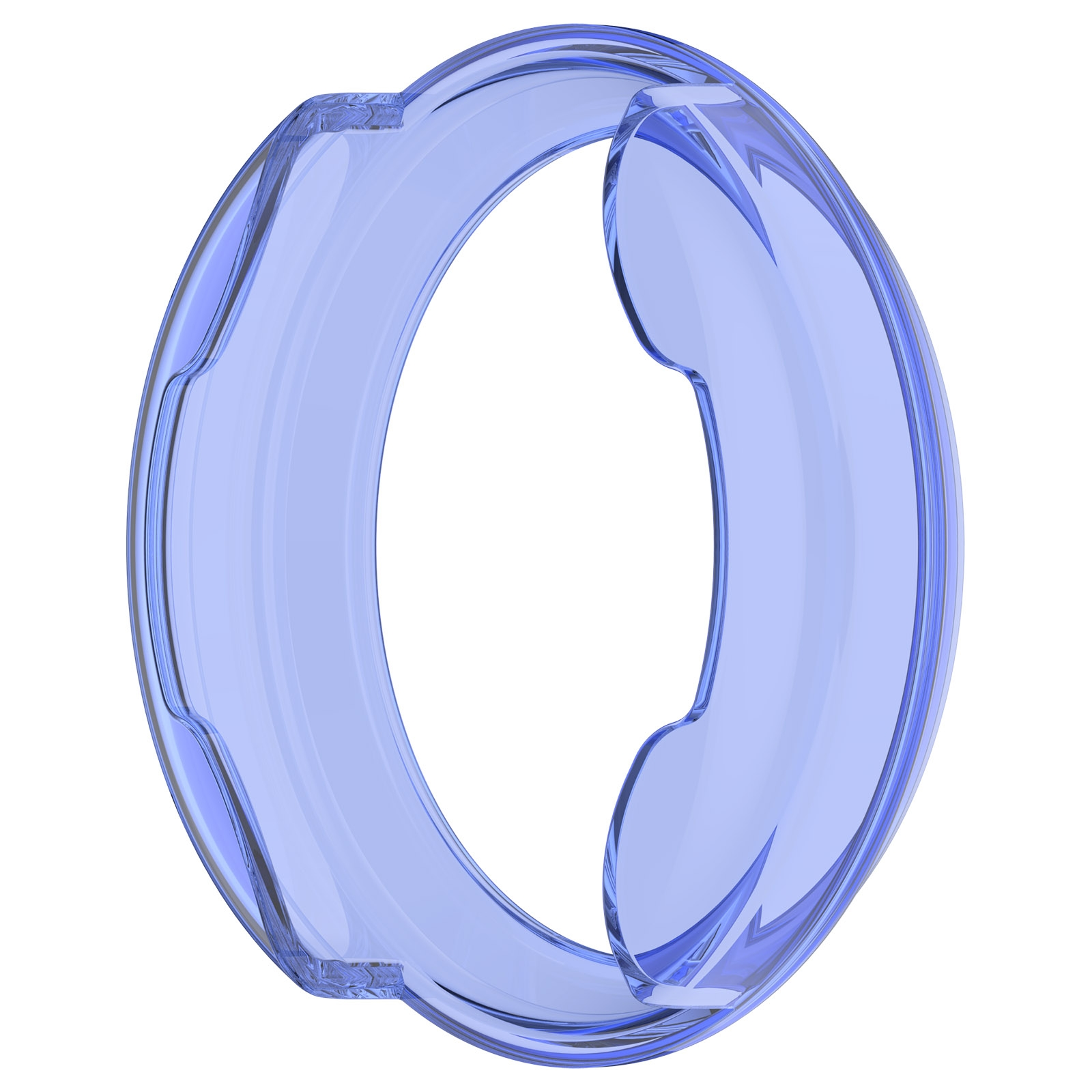 Ein transparenter, blauer Ring aus Glas mit geformten Kanten, freigestellt auf weißem Hintergrund.