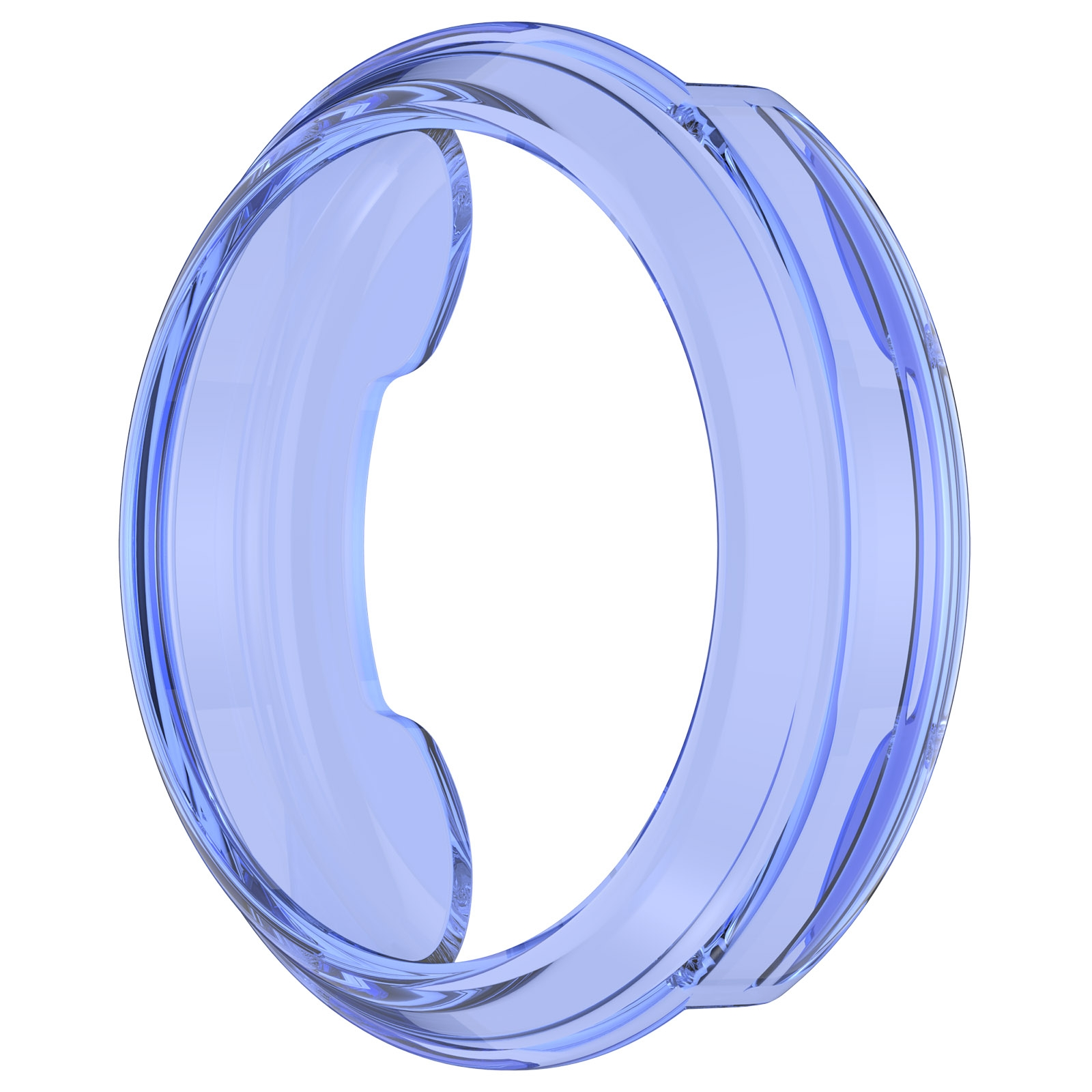 Ein transparenter blauer Ring mit gerillten Mustern.