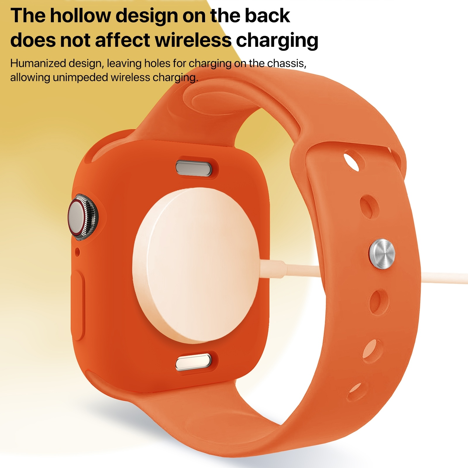 Eine orangefarbene Smartwatch mit einem runden kabellosen Ladegerät auf der Rückseite und Text oben.