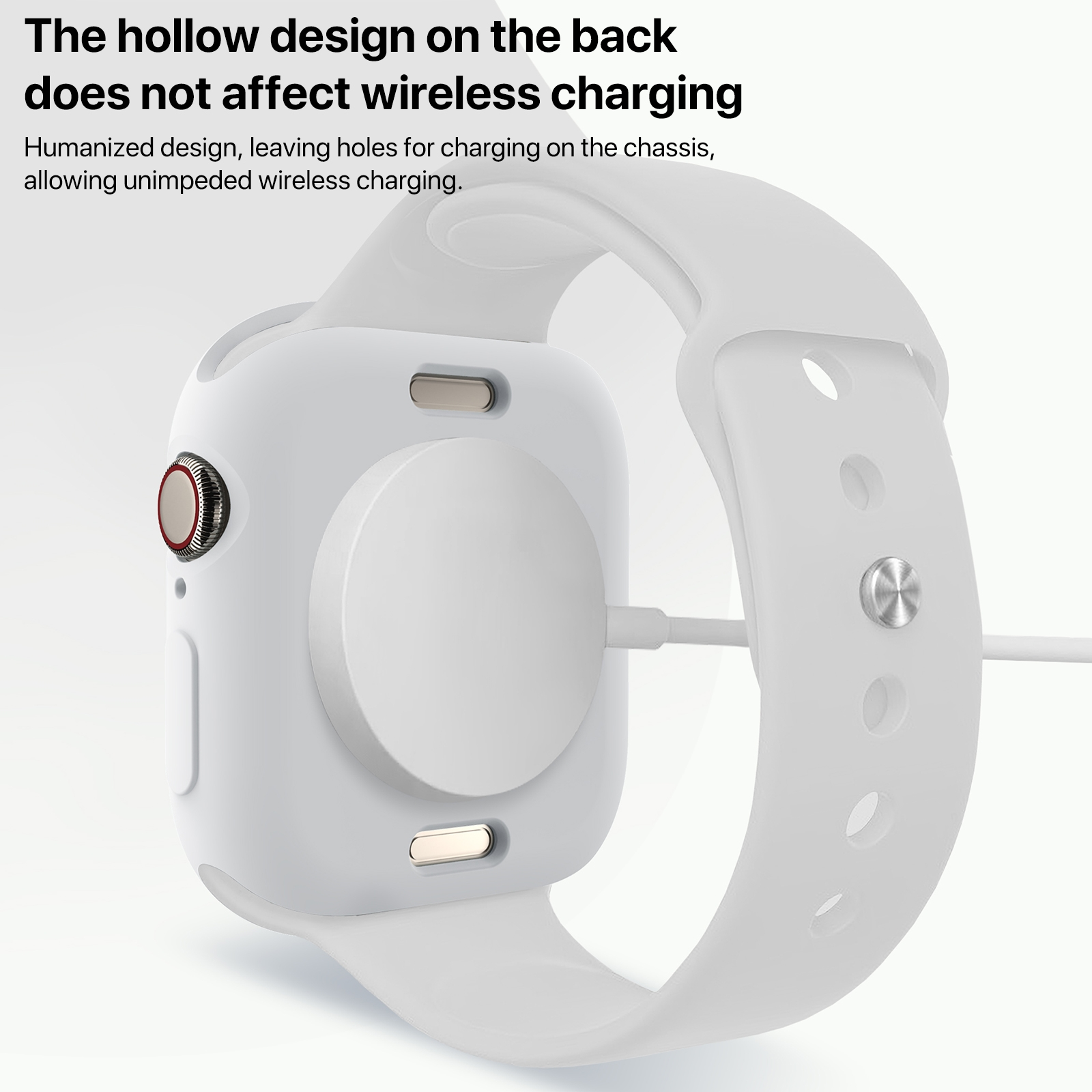 Uno smartwatch bianco si ricarica in modalità wireless tramite una base rotonda sul retro.
