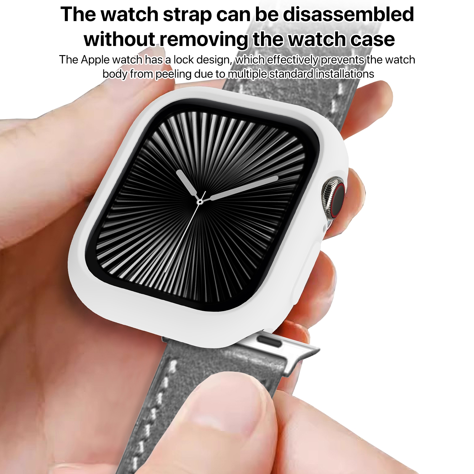 Una mano regge un Apple Watch con custodia bianca e cinturino grigio rimuovibile senza togliere la cover.