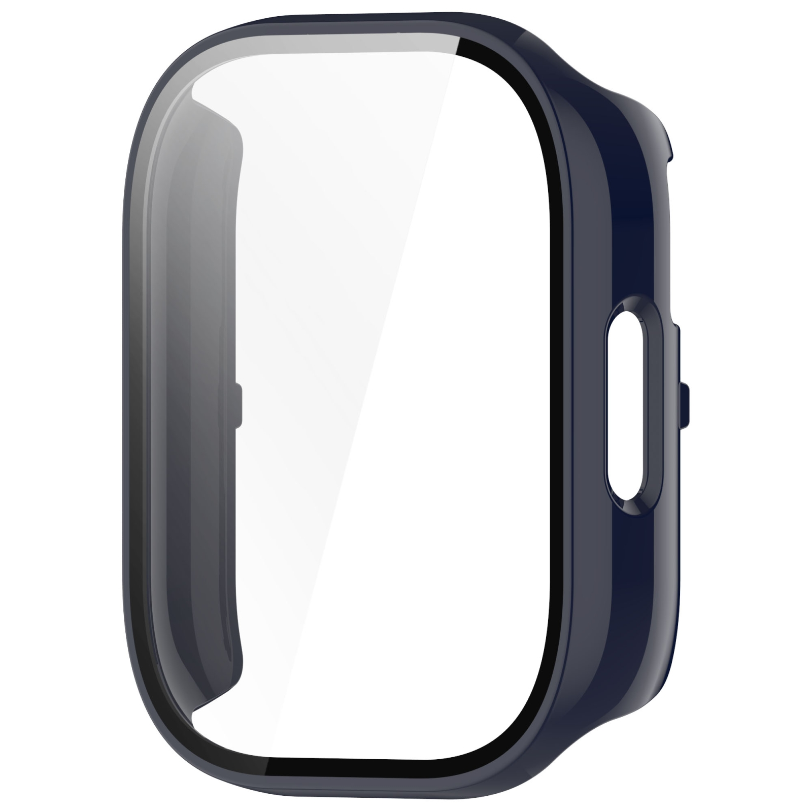 Ein dunkelblaues Smartwatch-Schutzgehäuse mit klarem Bildschirmschutz auf weißem Hintergrund.