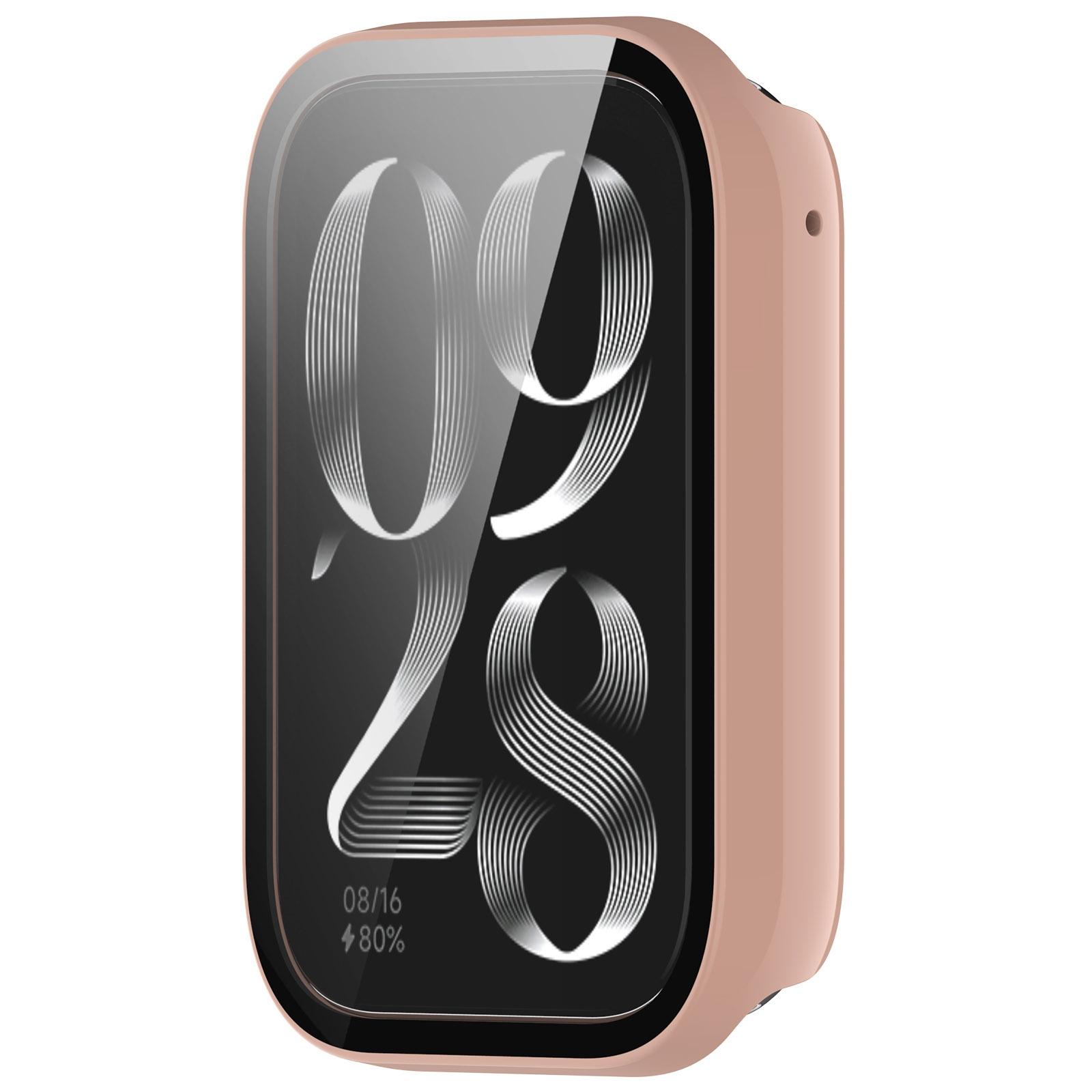 Eine rosa, rechteckige Smartwatch mit dunklem Bildschirm zeigt weiße Zahlen 0928, Datum 08/16 und 80% Akku.