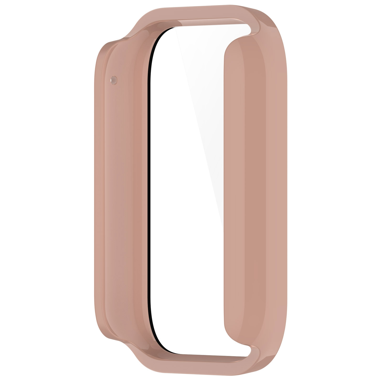 Ein glänzendes, rosafarbenes Smartwatch-Gehäuse auf weißem Hintergrund.