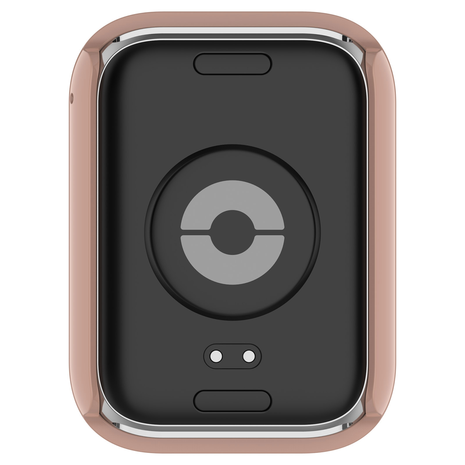 Rückseite einer rosafarbenen Smartwatch mit Sensoren und magnetischem Ladekreis.