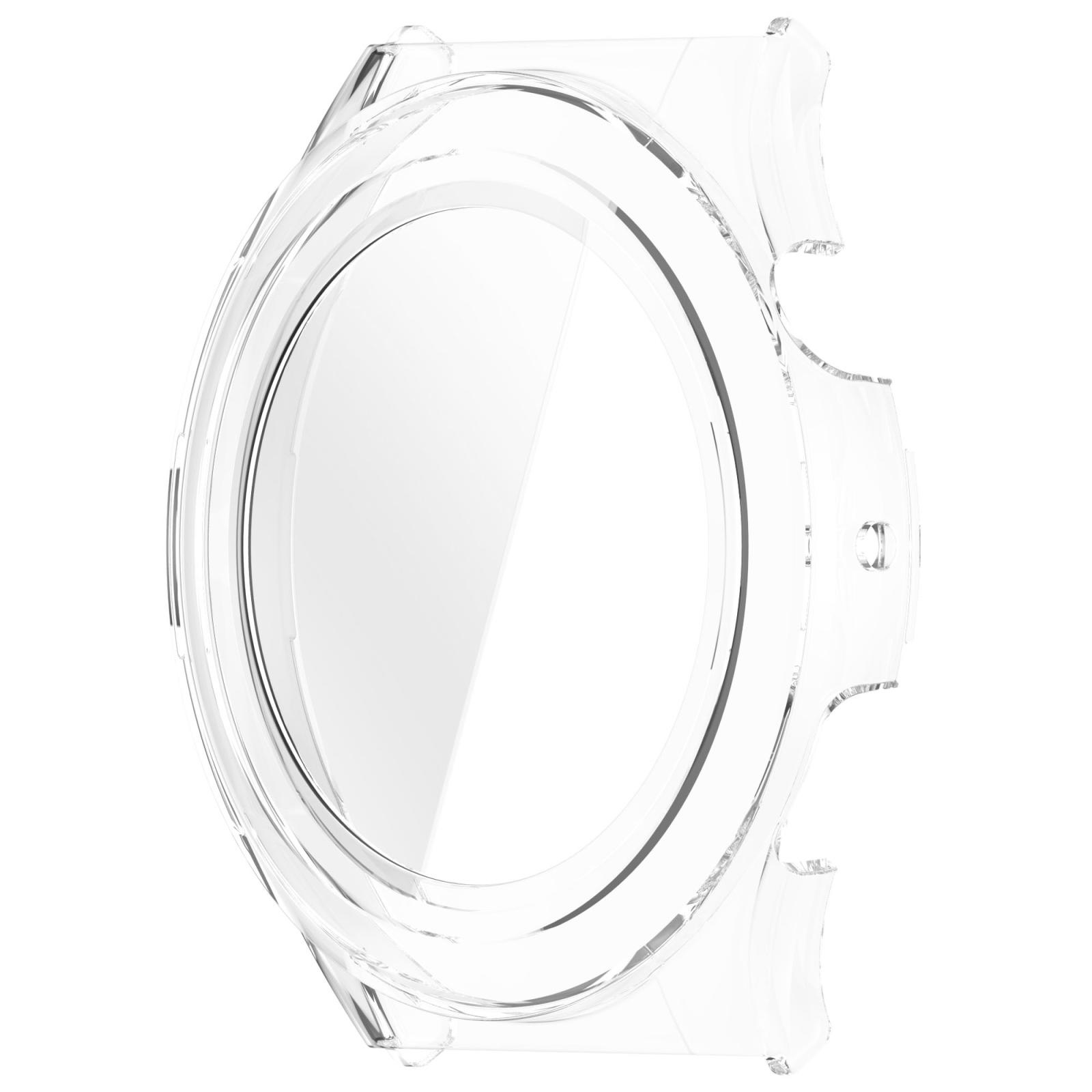 Custodia protettiva trasparente per smartwatch su sfondo bianco.