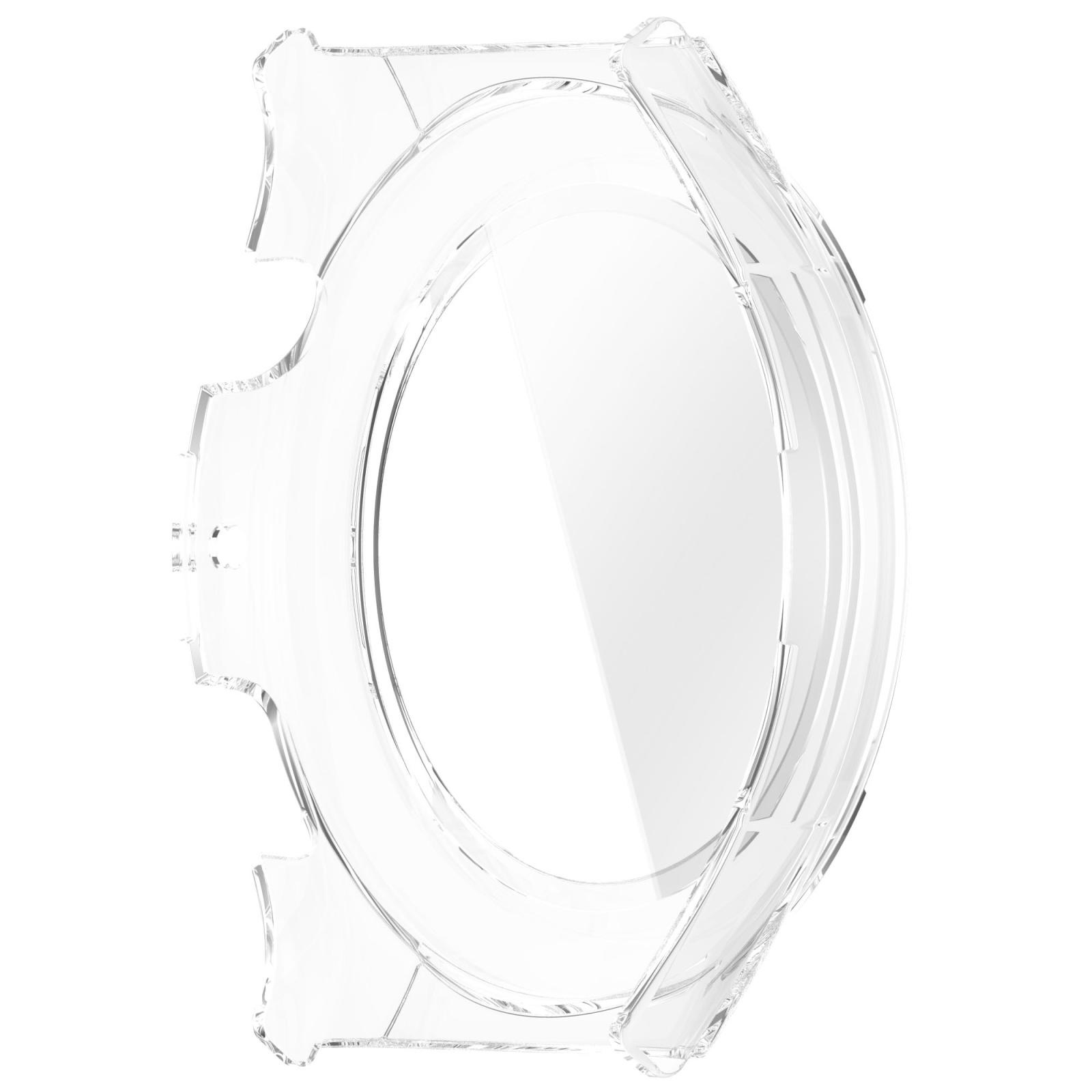 Una custodia protettiva trasparente per smartwatch su sfondo bianco.