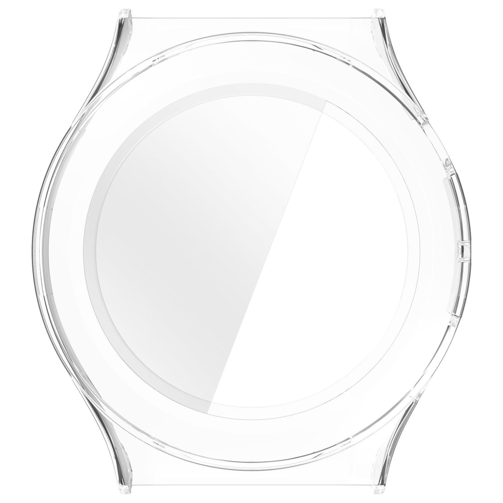 Custodia protettiva trasparente per smartwatch su sfondo bianco.
