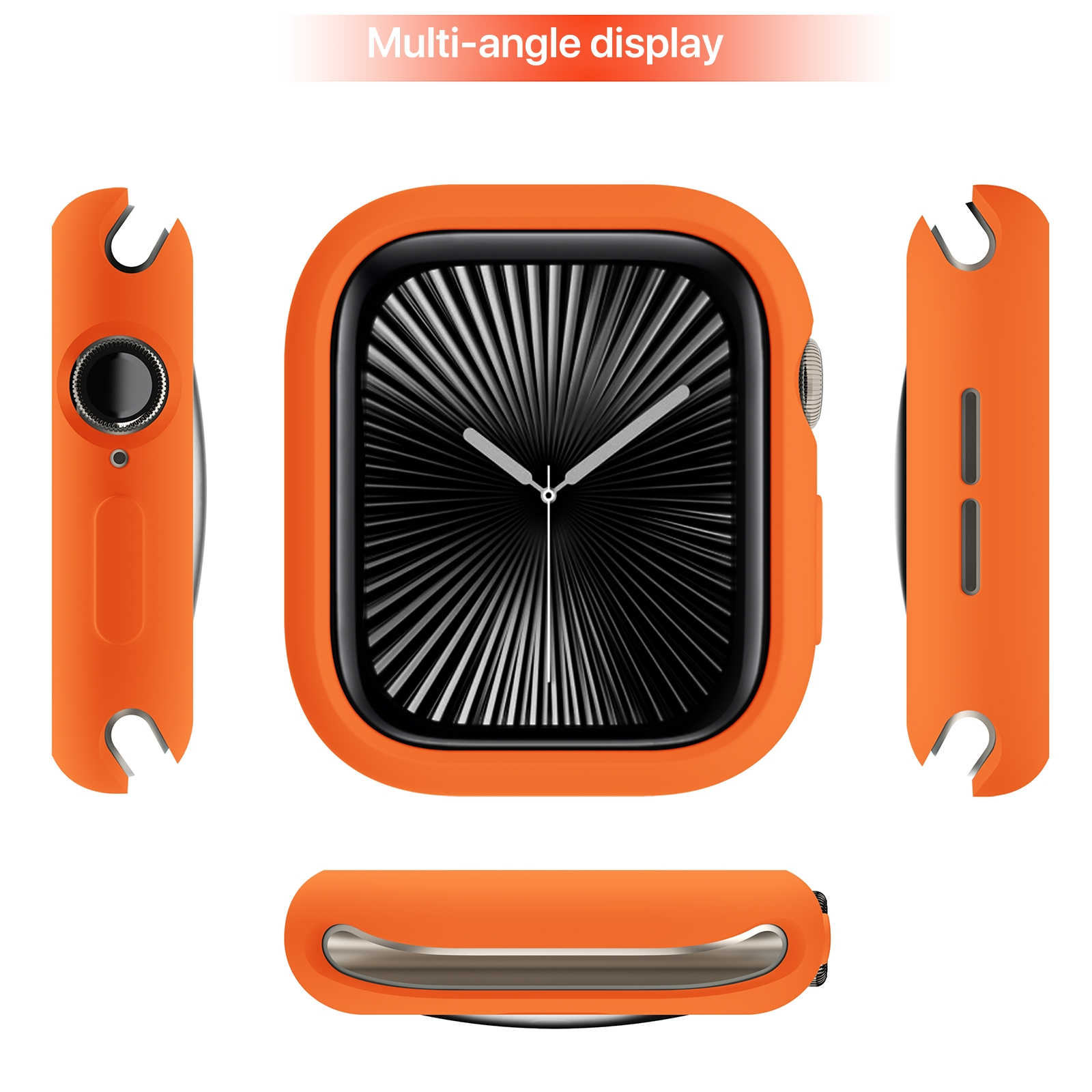 Multi-Winkel-Ansicht einer orangefarbenen Smartwatch mit Schutzhülle.