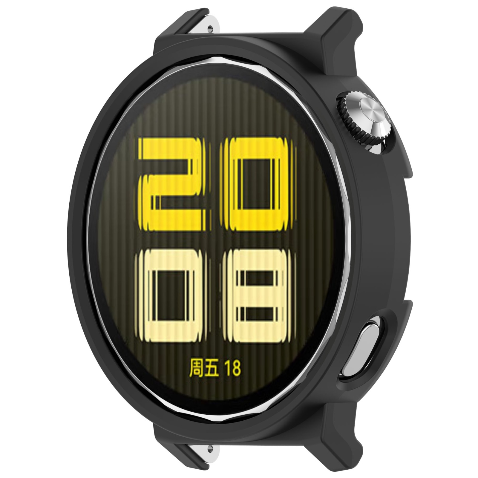 Eine schwarze Smartwatch mit einem runden Display, das gelbe Zahlen und Text auf gestreiftem Grund zeigt.