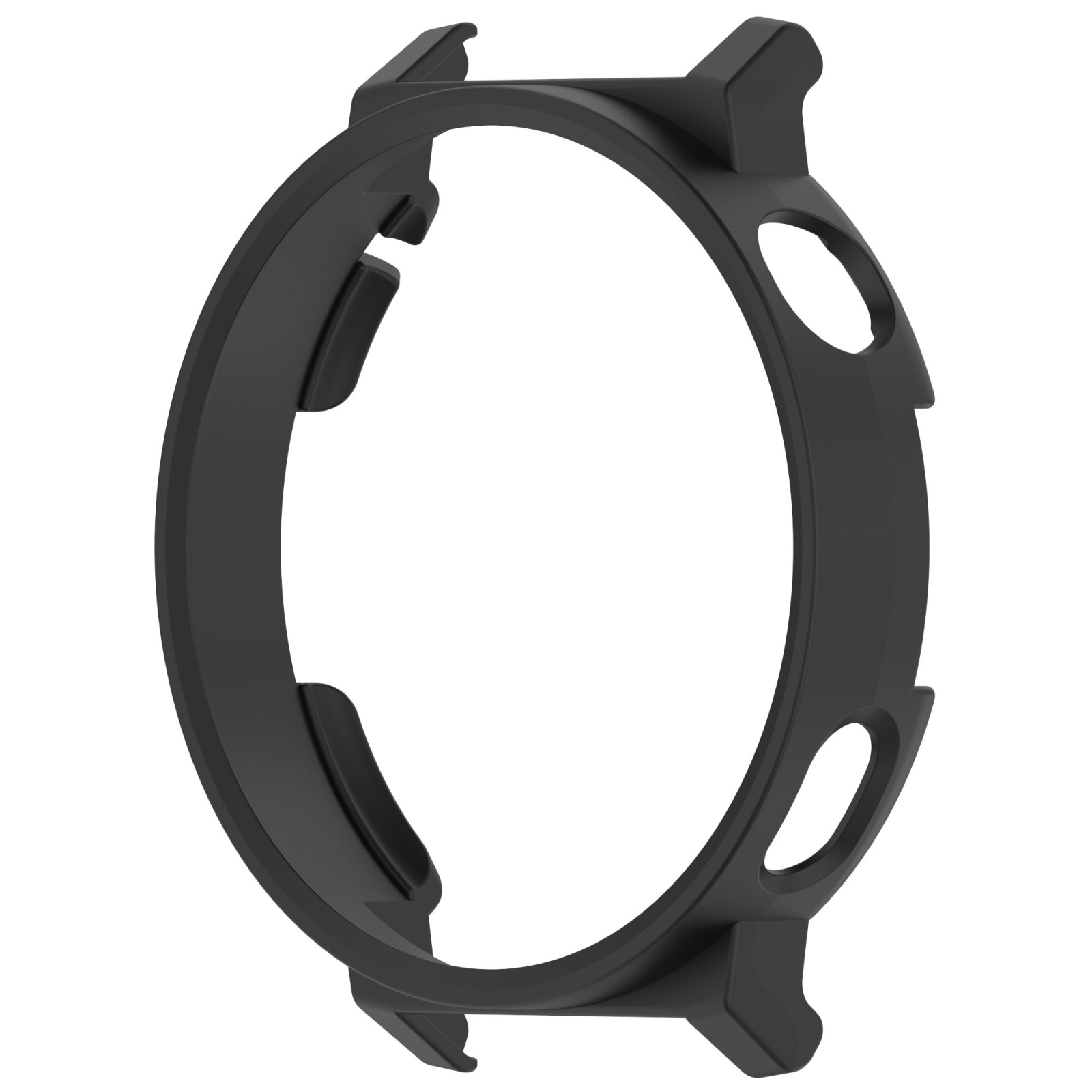 Ein schwarzes Schutzgehäuse für eine Smartwatch vor weißem Hintergrund.
