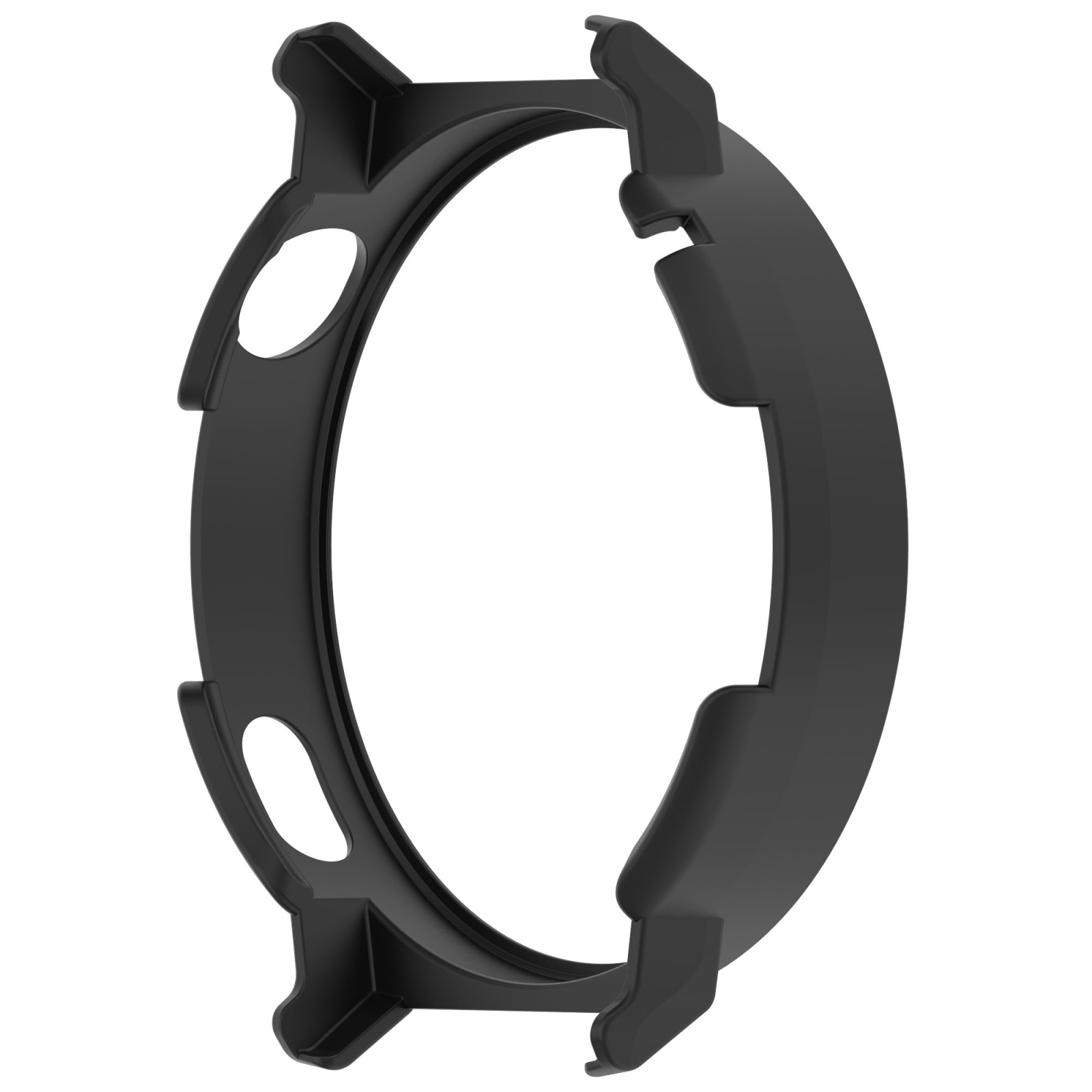 Schwarzes Schutzgehäuse für eine Smartwatch mit präzisen Ausschnitten.