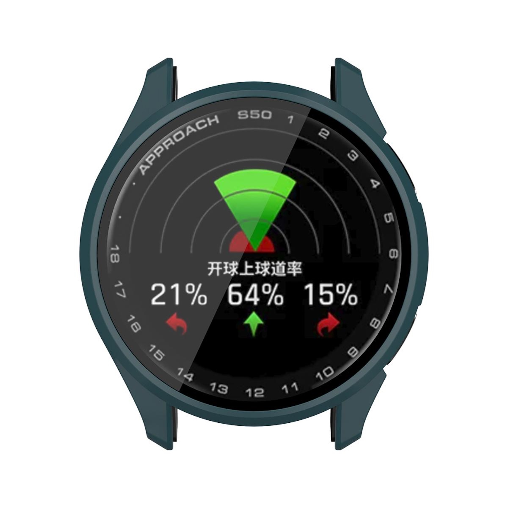 Eine Smartwatch mit grünem Gehäuse zeigt eine Golf-Tracking-App mit Radargrafik und Prozenten.