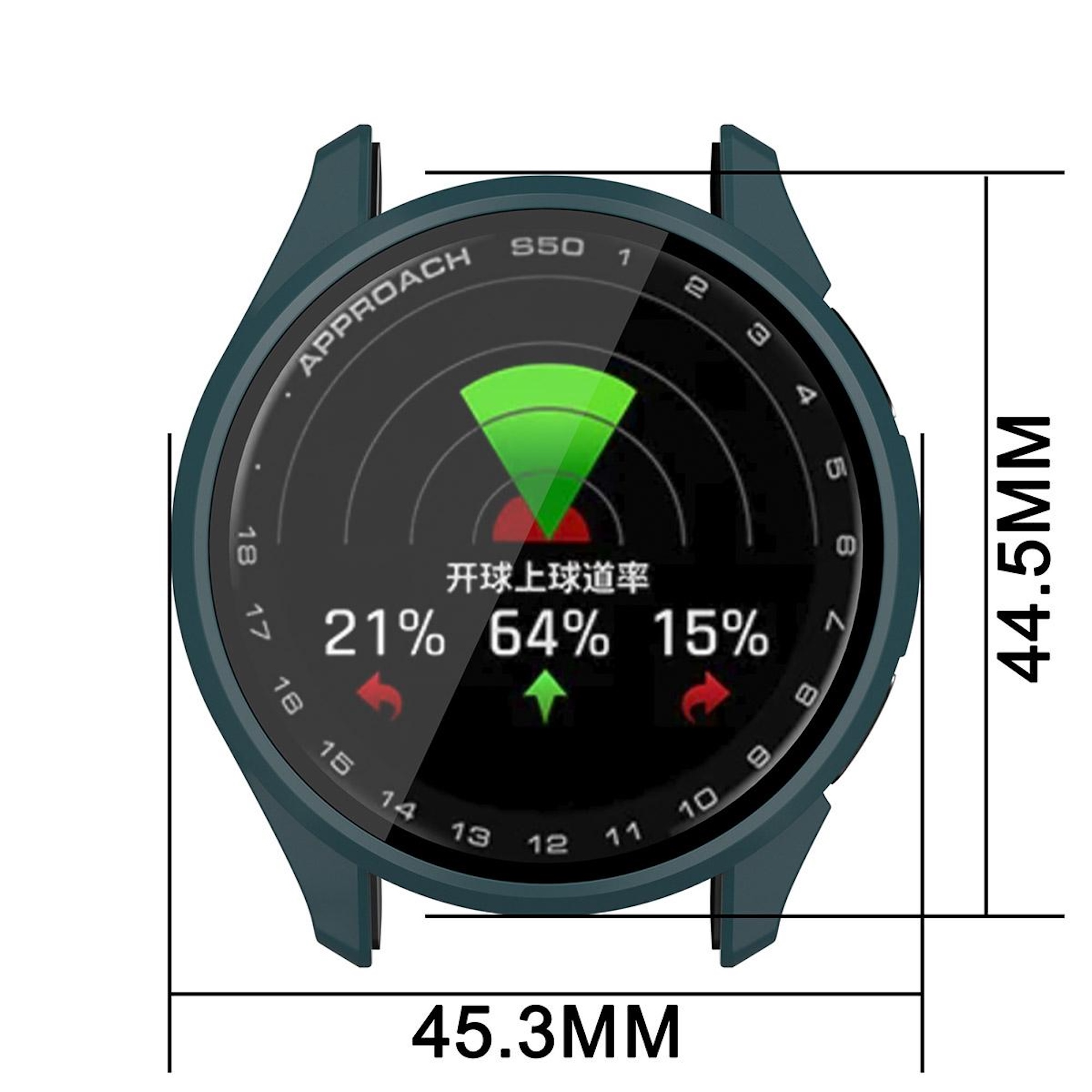 Grüne Smartwatch mit Zifferblatt, Maße 44.5mm mal 45.3mm.