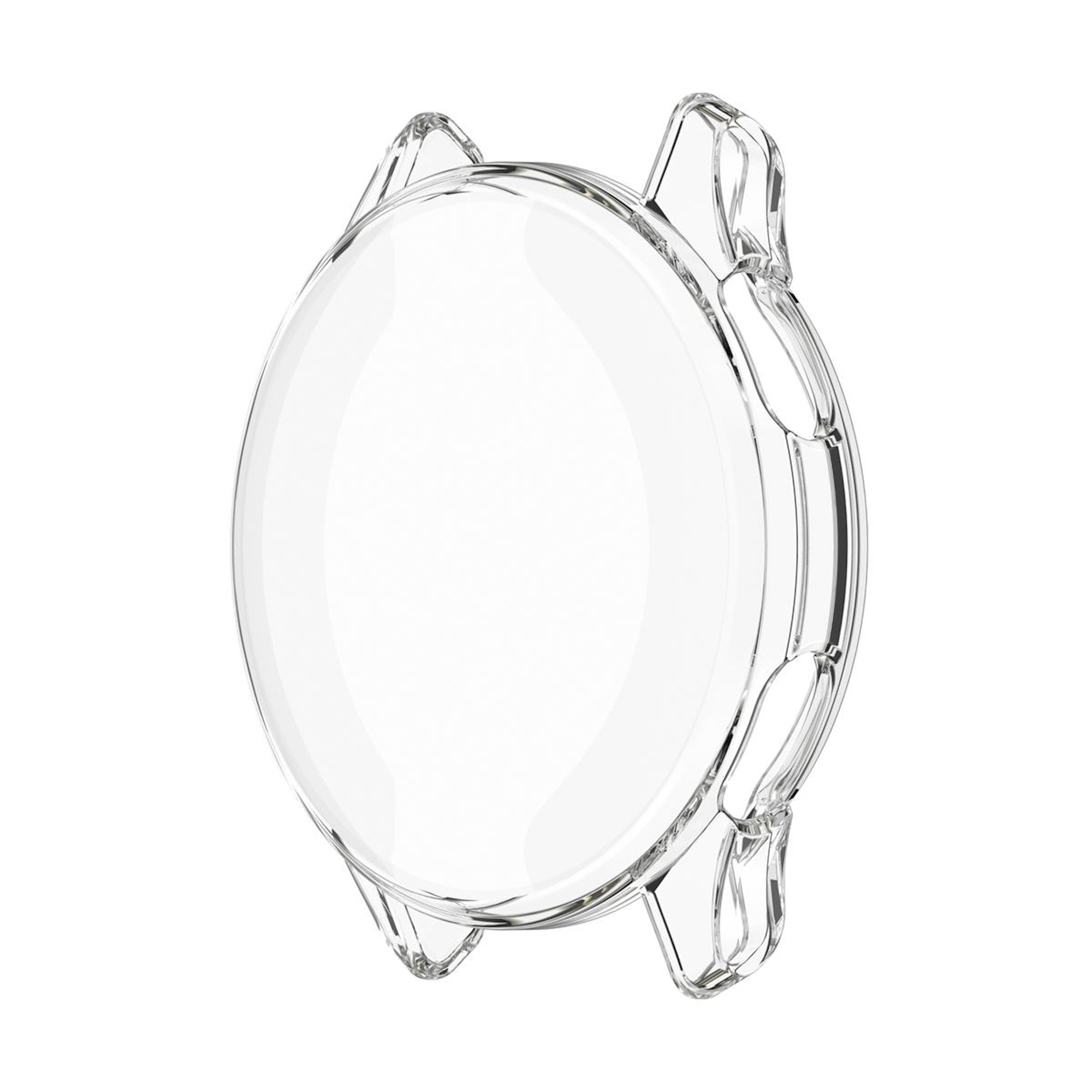 Transparente Schutzhülle für eine Smartwatch auf weißem Hintergrund.
