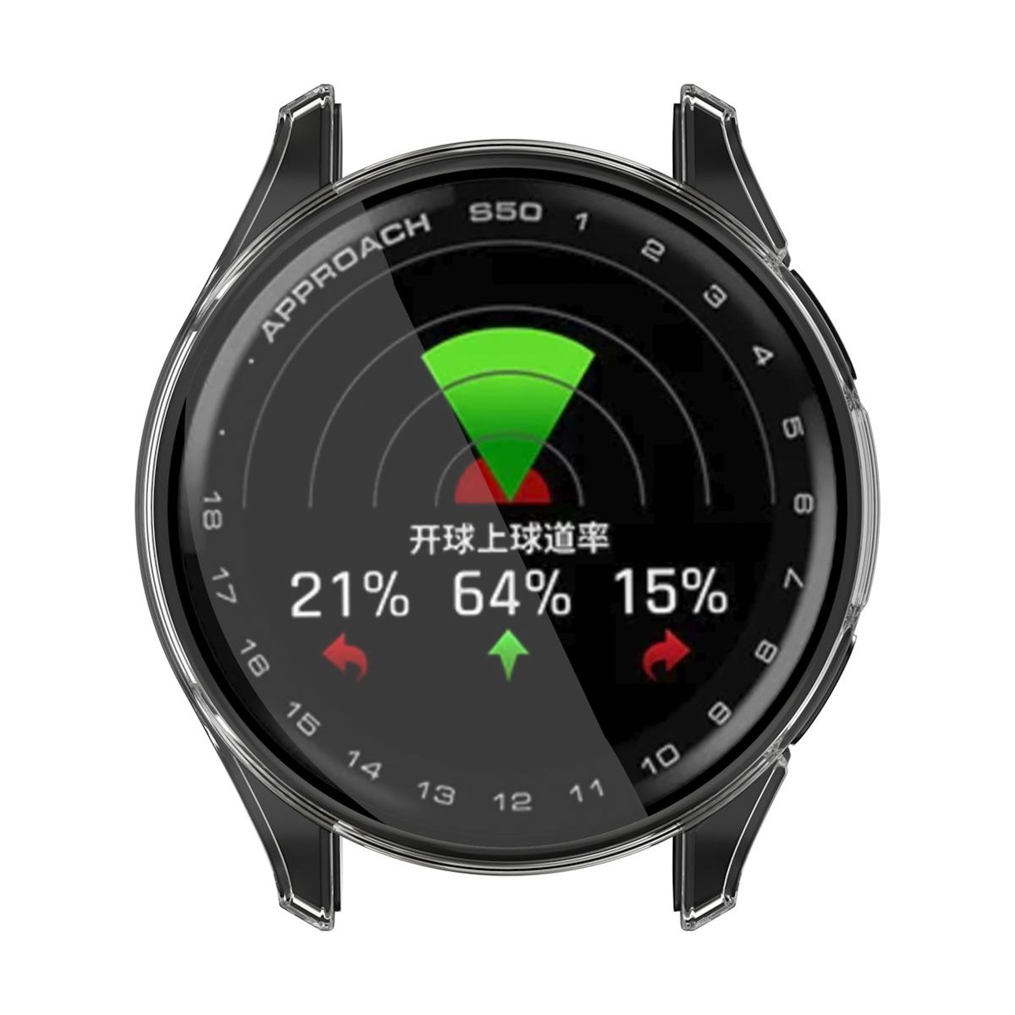 Eine runde schwarze Smartwatch mit grüner Radargrafik und Prozentangaben 21%, 64% und 15% auf dem Bildschirm.