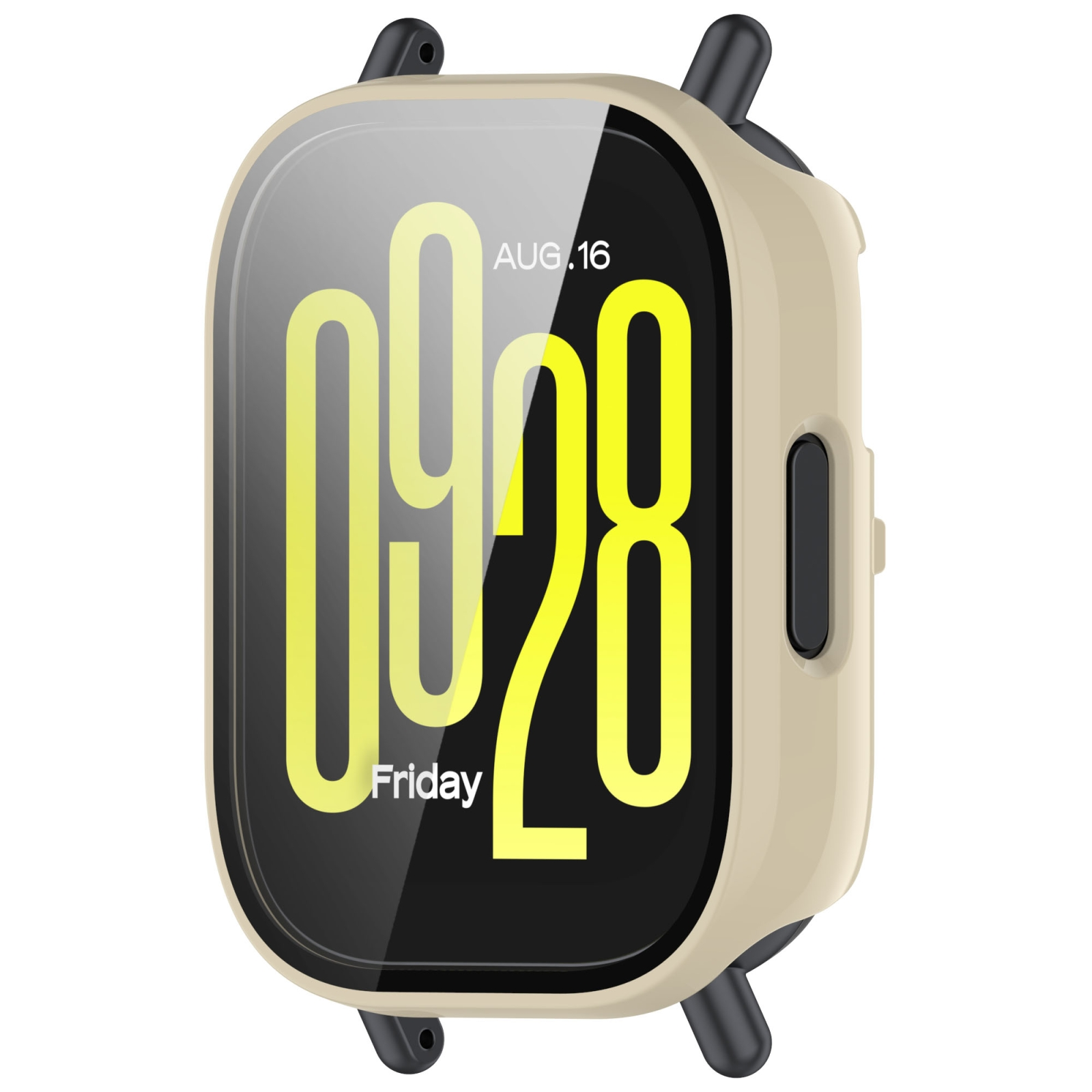 Eine rechteckige Smartwatch mit einem beigen Gehäuse und schwarzem Display zeigt groß in Gelb die Uhrzeit 09:28 an.