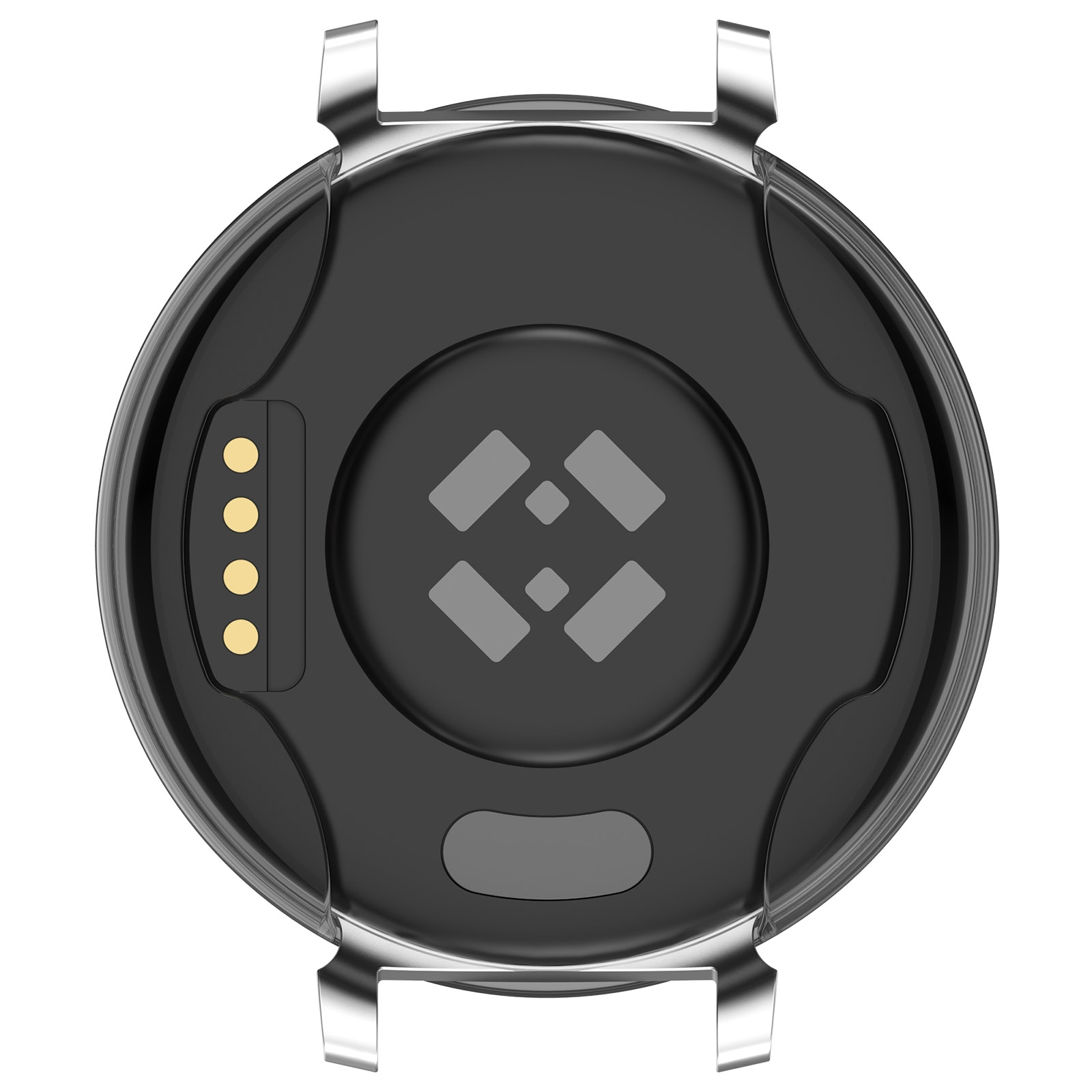 Retro di uno smartwatch nero rotondo con pin di ricarica e sensori.
