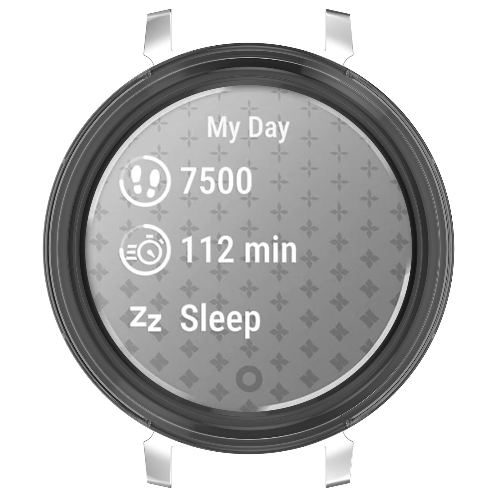 Uno smartwatch grigio mostra My Day con 7500 passi, 112 minuti di attività e sonno.