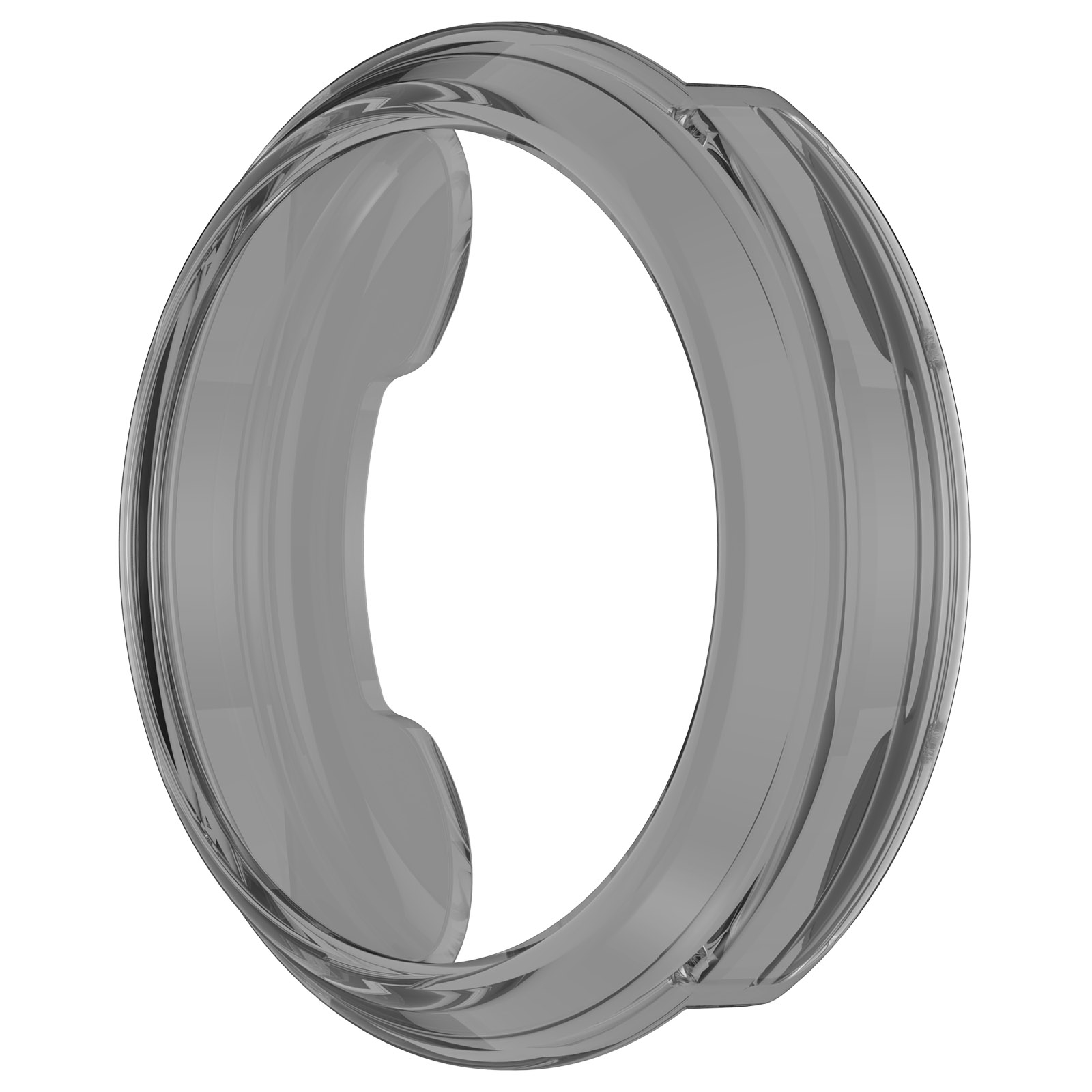 Un anello lucido e trasparente con la forma stilizzata di una cornetta telefonica all'interno, su sfondo bianco.