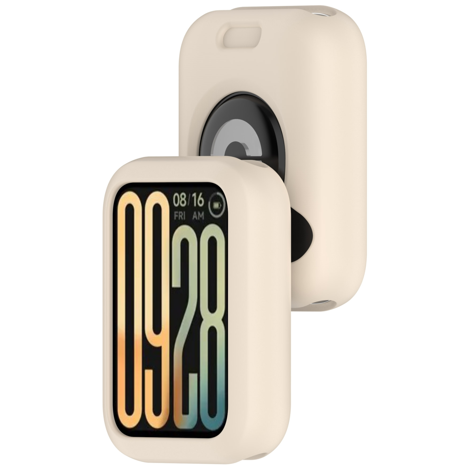 Beige Silikonhülle für ein rechteckiges Fitnessarmband mit Digitaluhr.