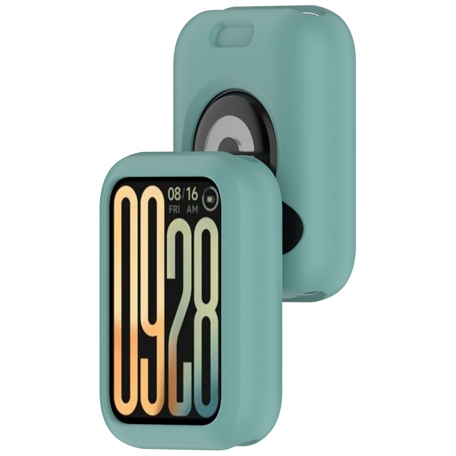 Custodia protettiva verde per smartband con display dell'ora digitale.