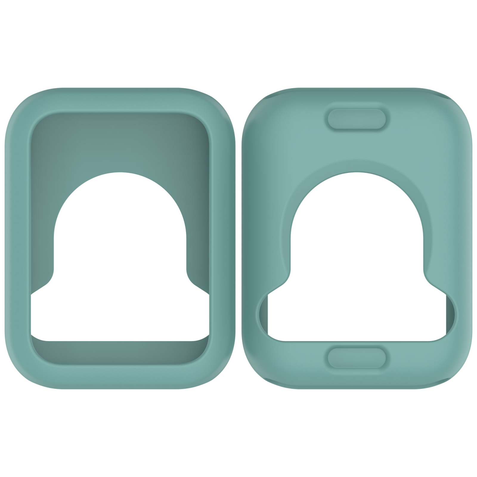 Due custodie protettive in silicone verde con grandi aperture su sfondo bianco.