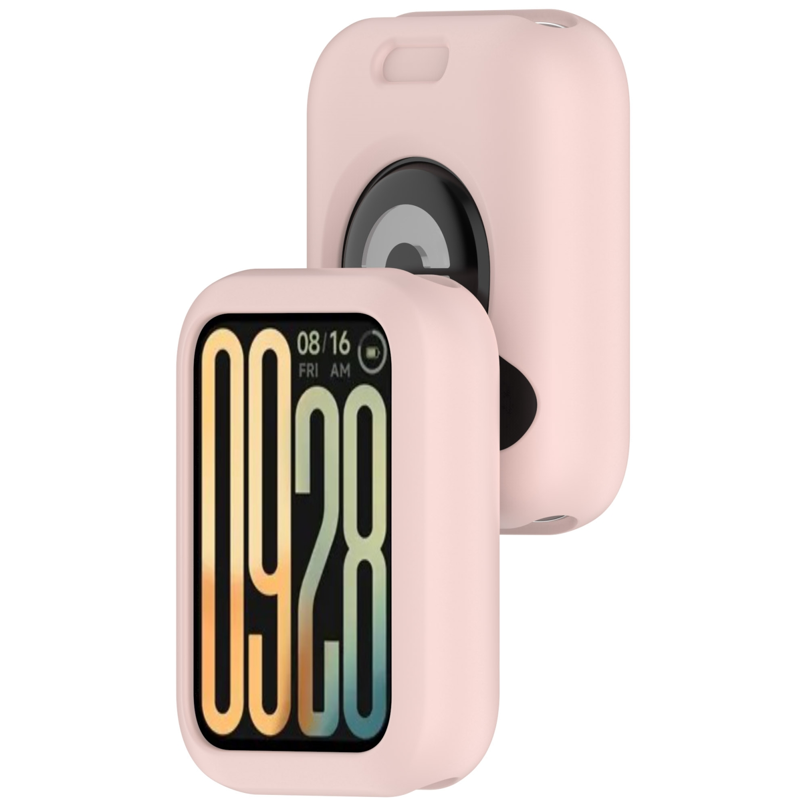 Due custodie rosa per smartwatch, una mostra l'ora, su sfondo bianco.
