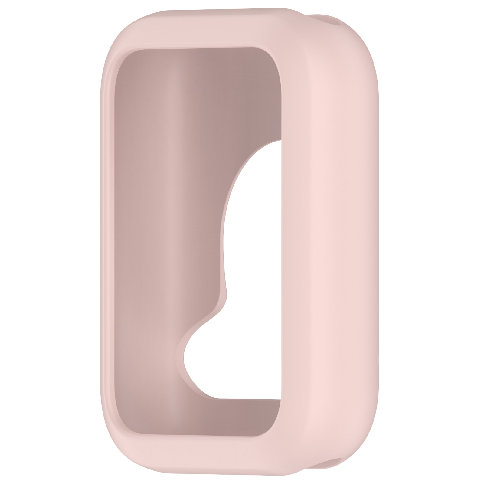Una custodia protettiva rosa chiaro opaco per dispositivi elettronici con bordi arrotondati su sfondo bianco.
