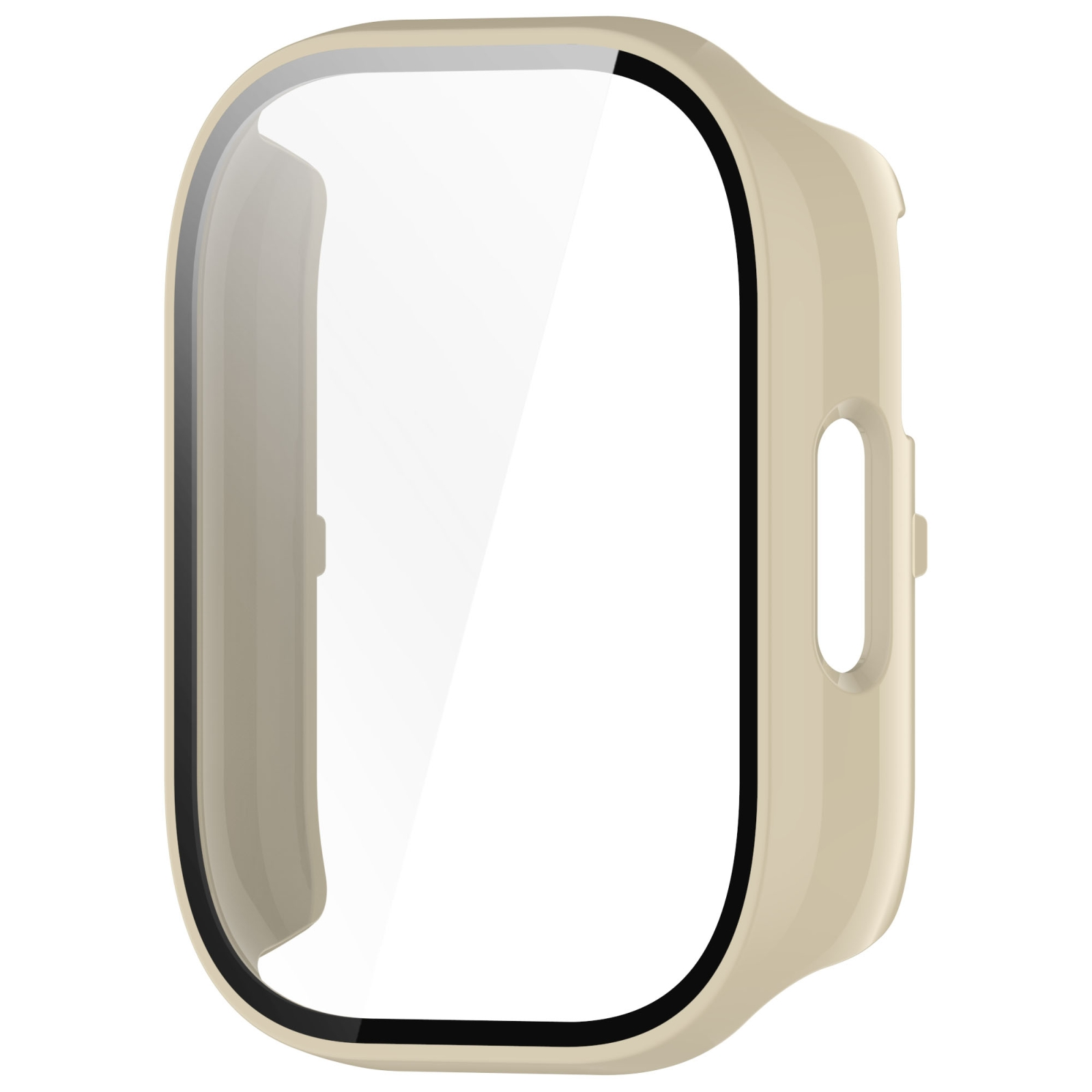 Eine beigefarbene Schutzhülle für eine Smartwatch mit transparentem Displayschutz vor weißem Hintergrund.