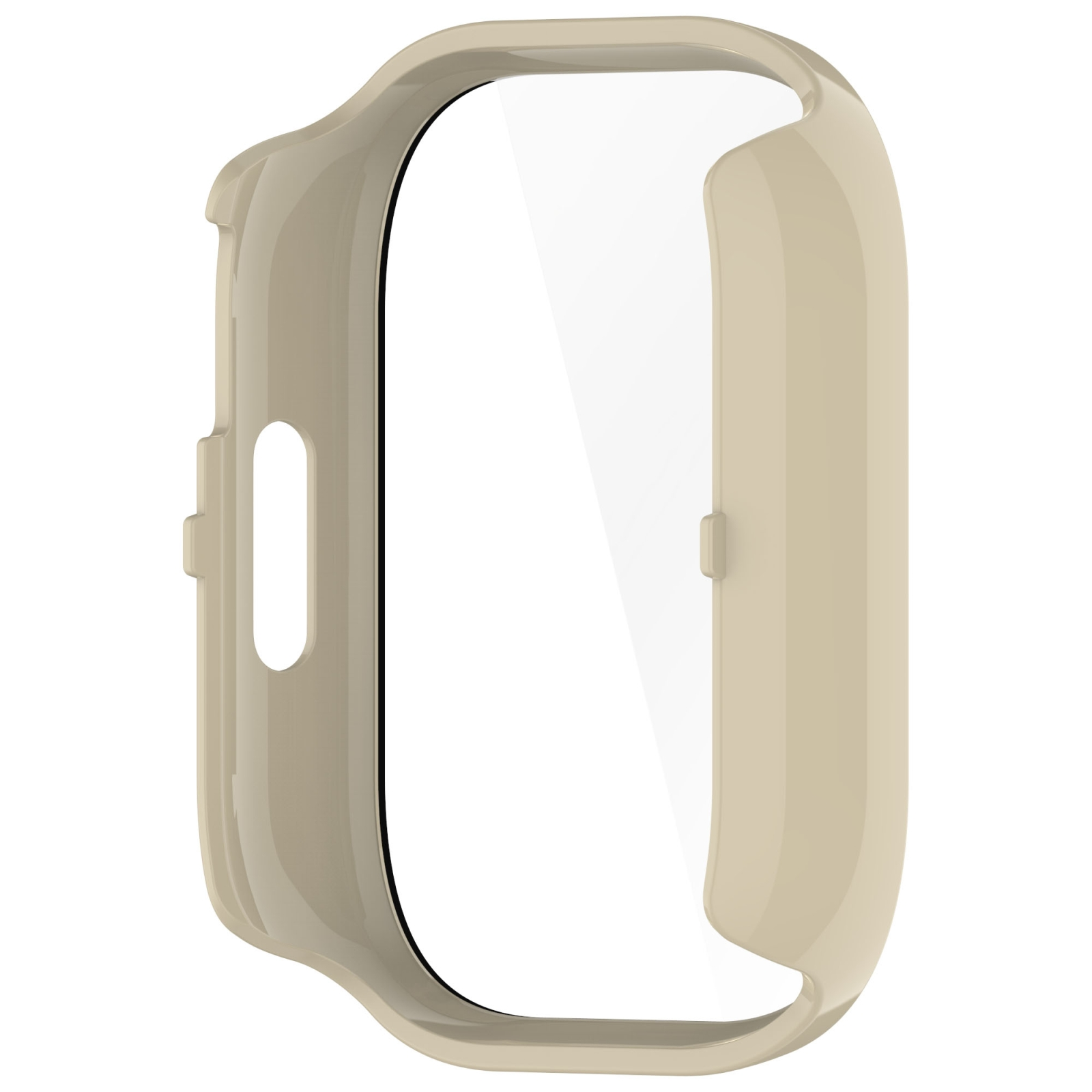 Ein beiger Smartwatch-Schutzrahmen mit integriertem Display-Schutzglas auf weiÃŸem Hintergrund.