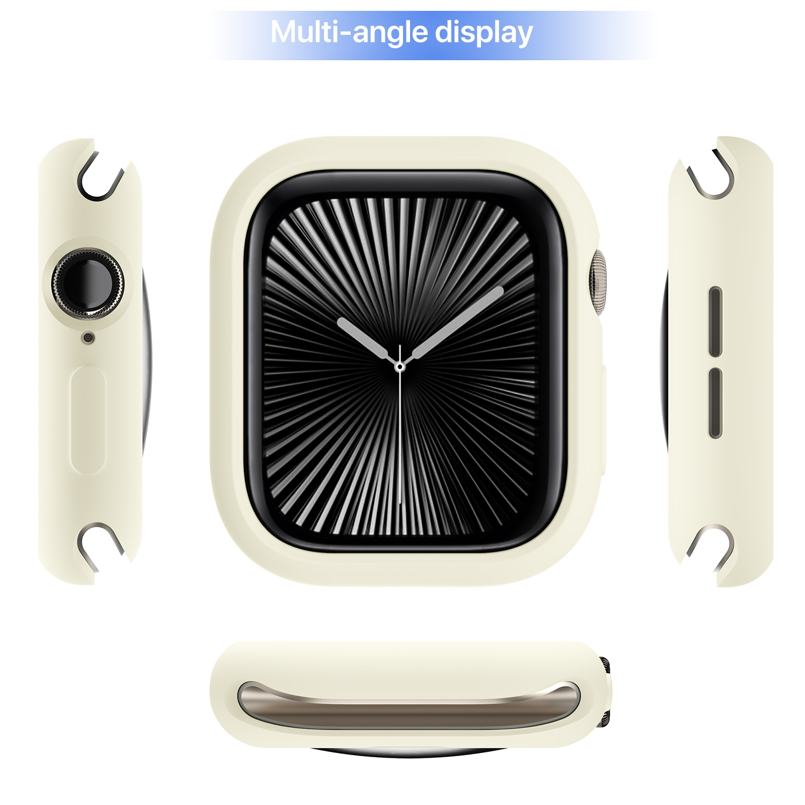 Multi-Ansicht-Display einer cremefarbenen Smartwatch-Hülle aus verschiedenen Blickwinkeln auf weißem Hintergrund.