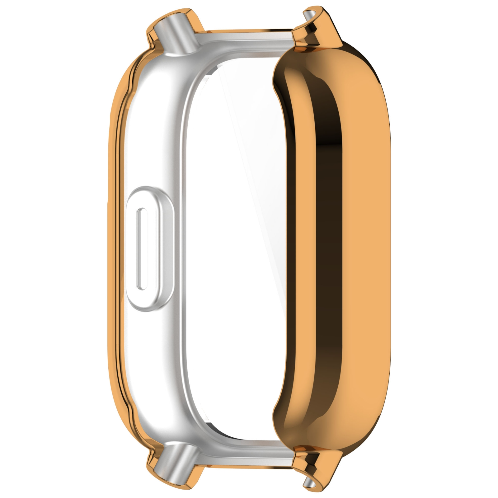 Ein glänzendes goldenes und silbernes Smartwatch-Gehäuse auf weißem Hintergrund.