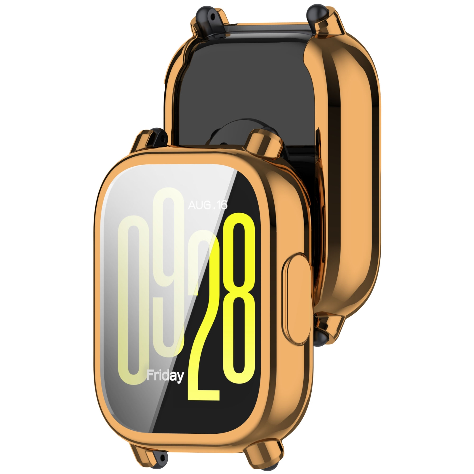 Zwei vergoldete Smartwatch-Gehäuse, eines zeigt eine digitale Zeitanzeige von 09:28 vor schwarzem Hintergrund.