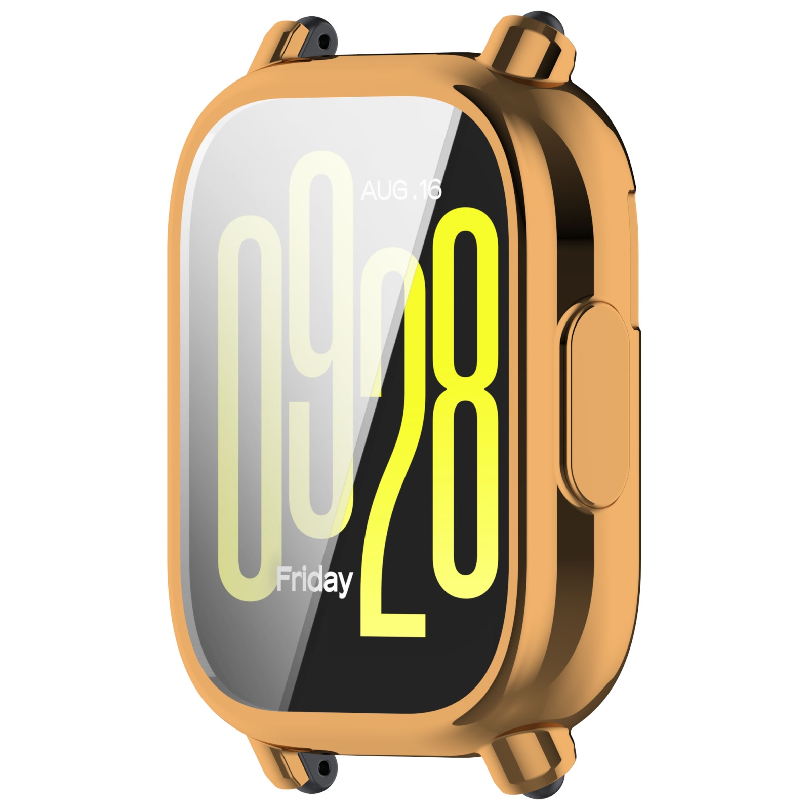 Eine goldene Smartwatch mit digitalem Display, Datum und Uhrzeit.