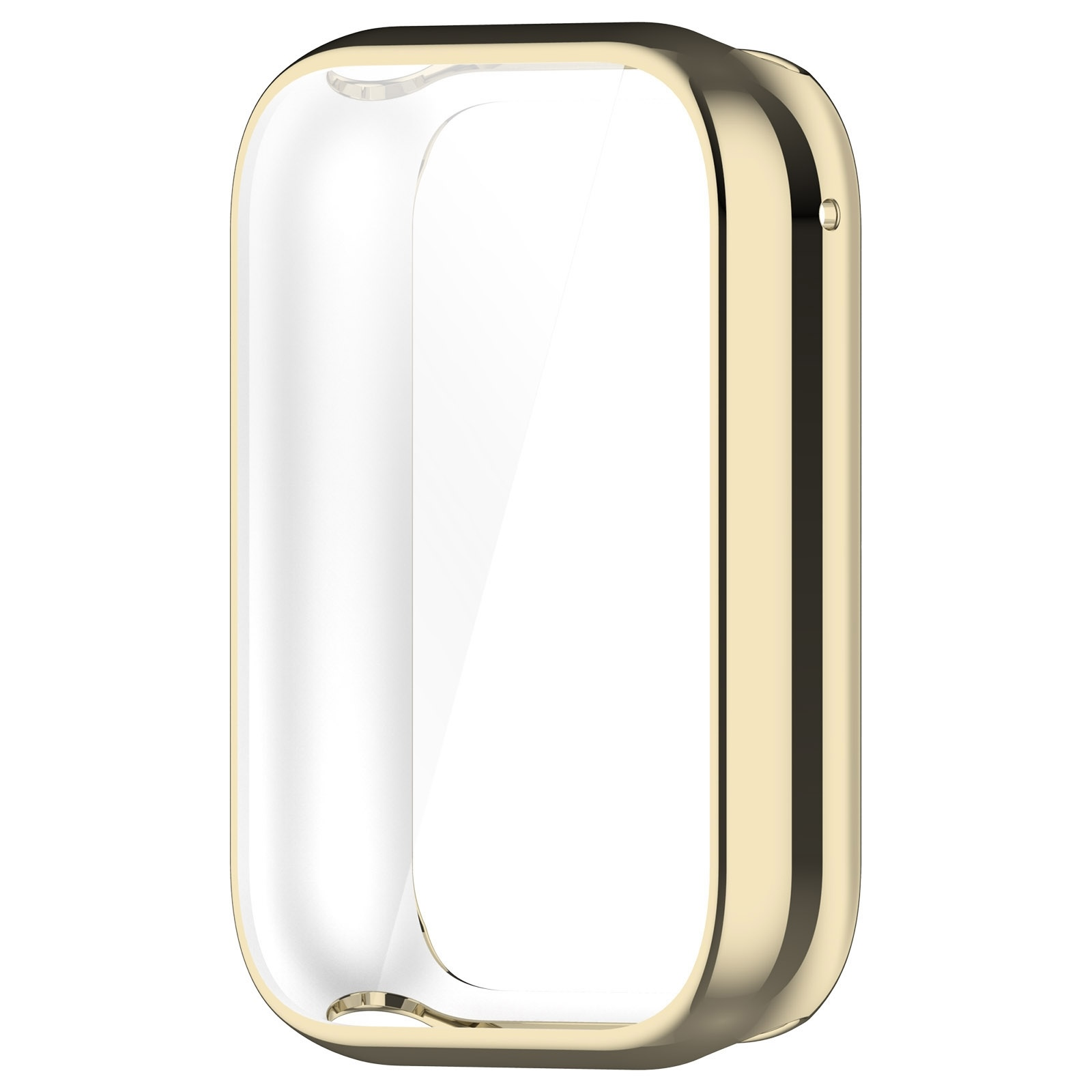 Custodia per smartwatch oro lucido con protezione schermo trasparente su sfondo bianco.